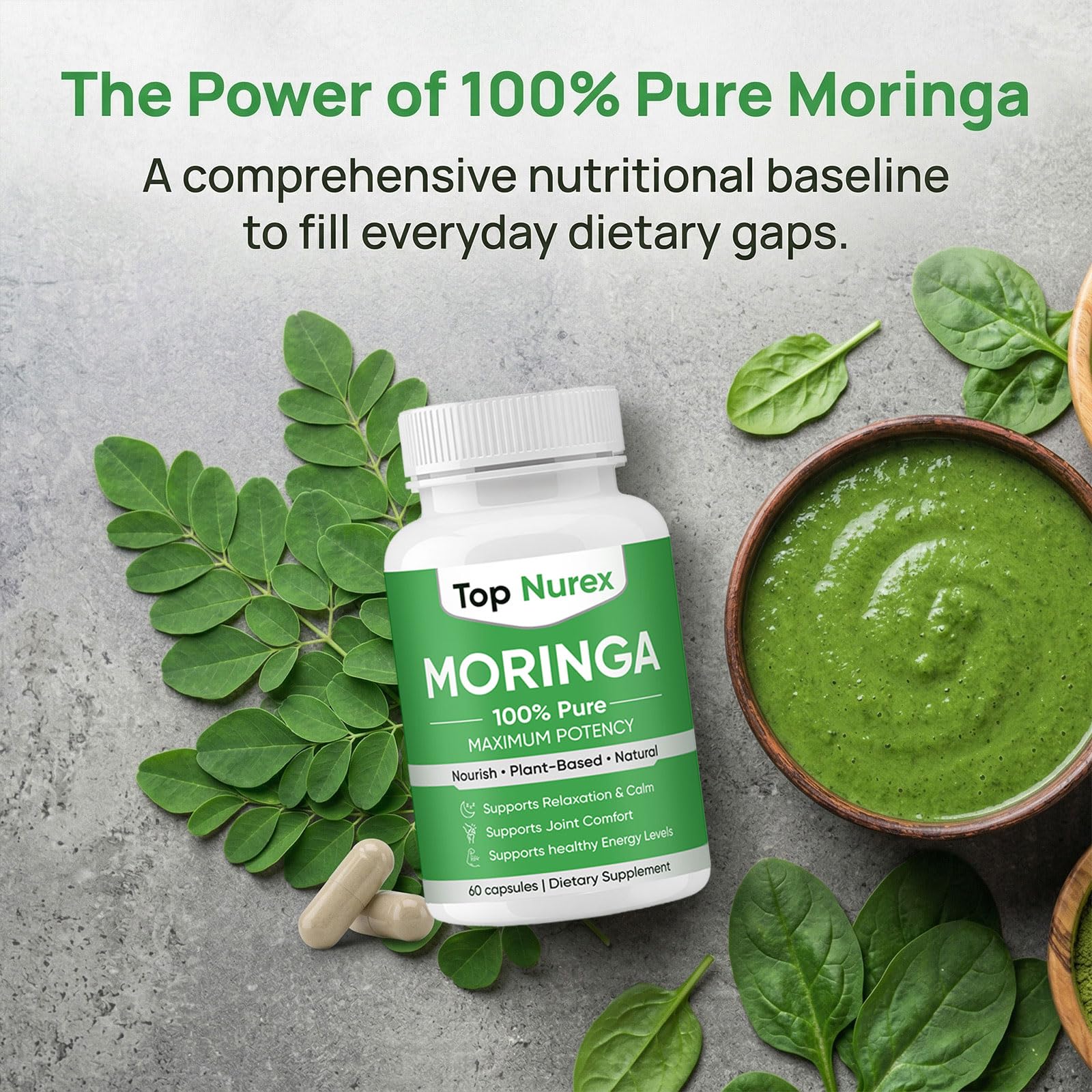 Maidlure Moringa Supplement 60g side view showing capsule size
