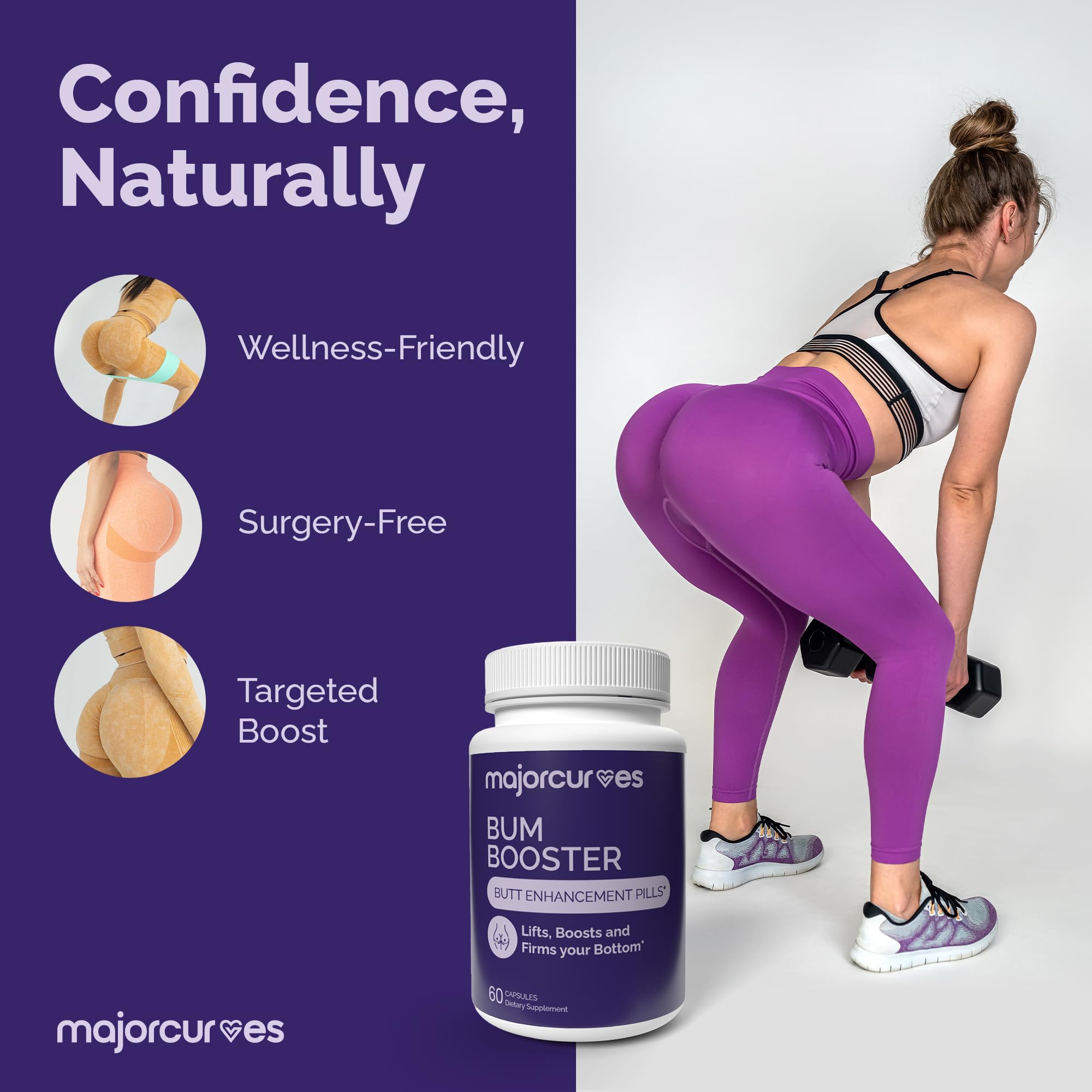 Major Curves Bum support Pills on a wooden table