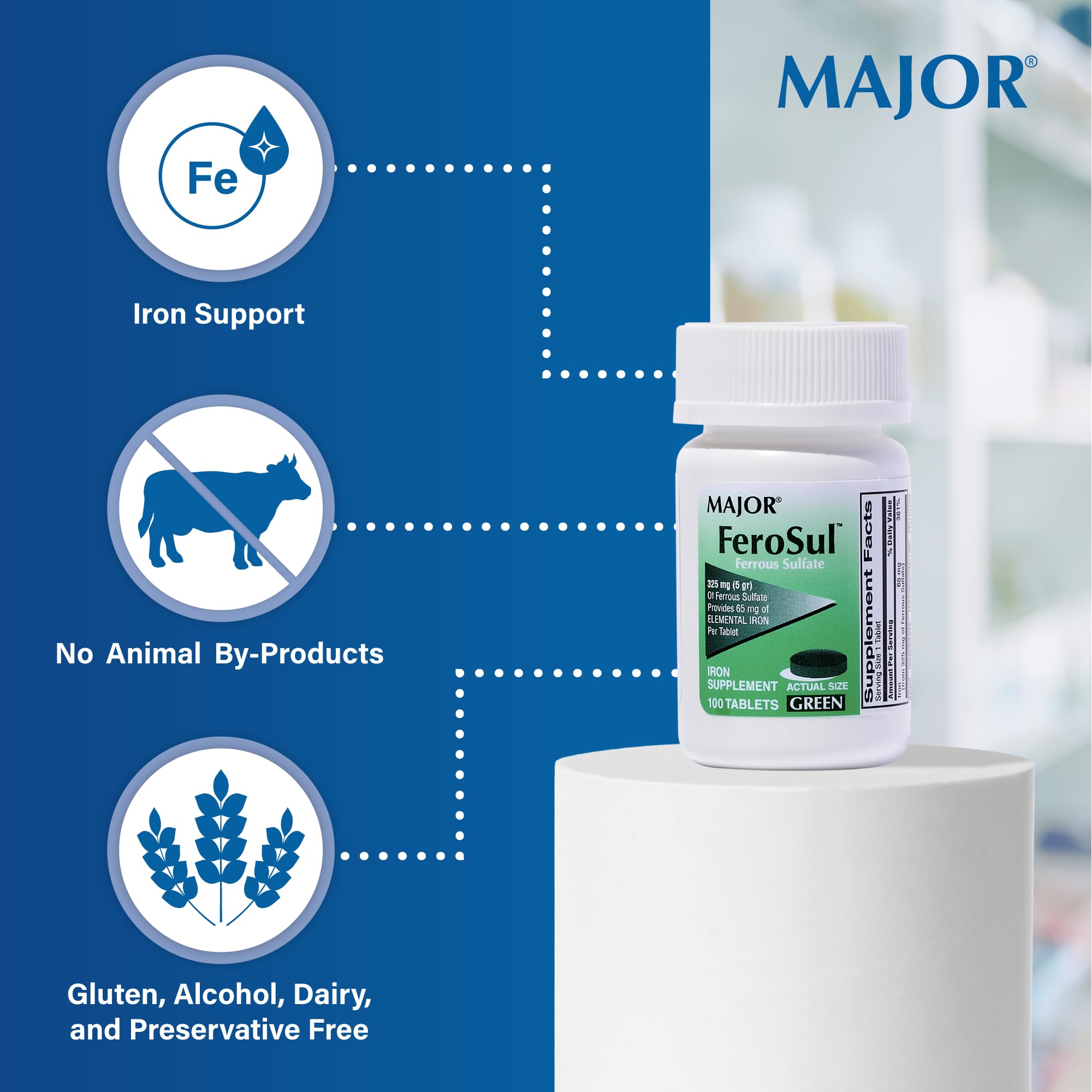 MAJOR Ferosul Iron Supplement 325 MG Ferrous Sulfate tablet on a white background