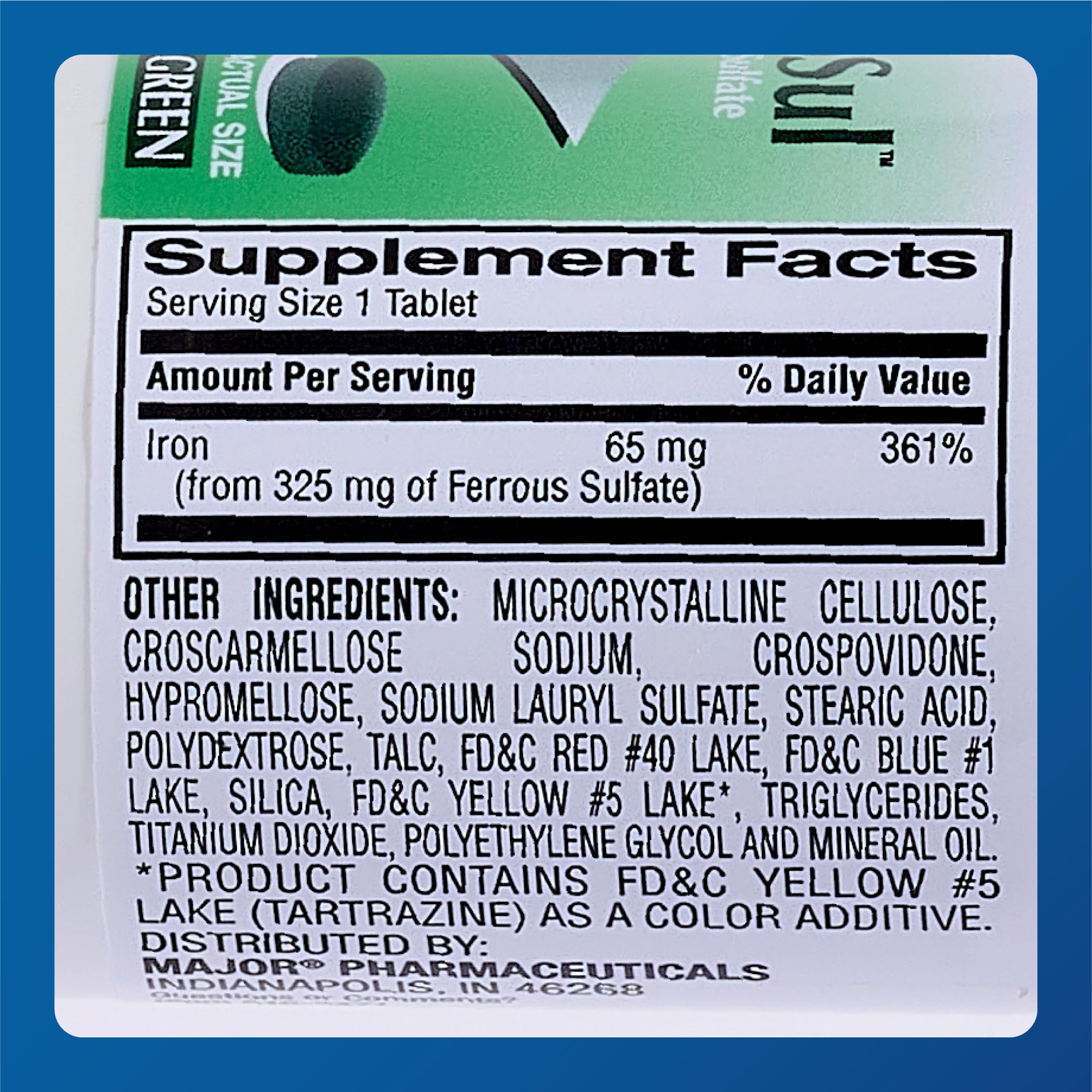 MAJOR Ferosul Iron Supplement tablets in a hand
