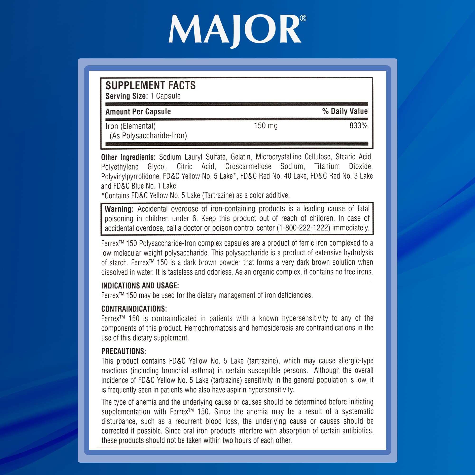 MAJOR Iron Supplement capsules on a table