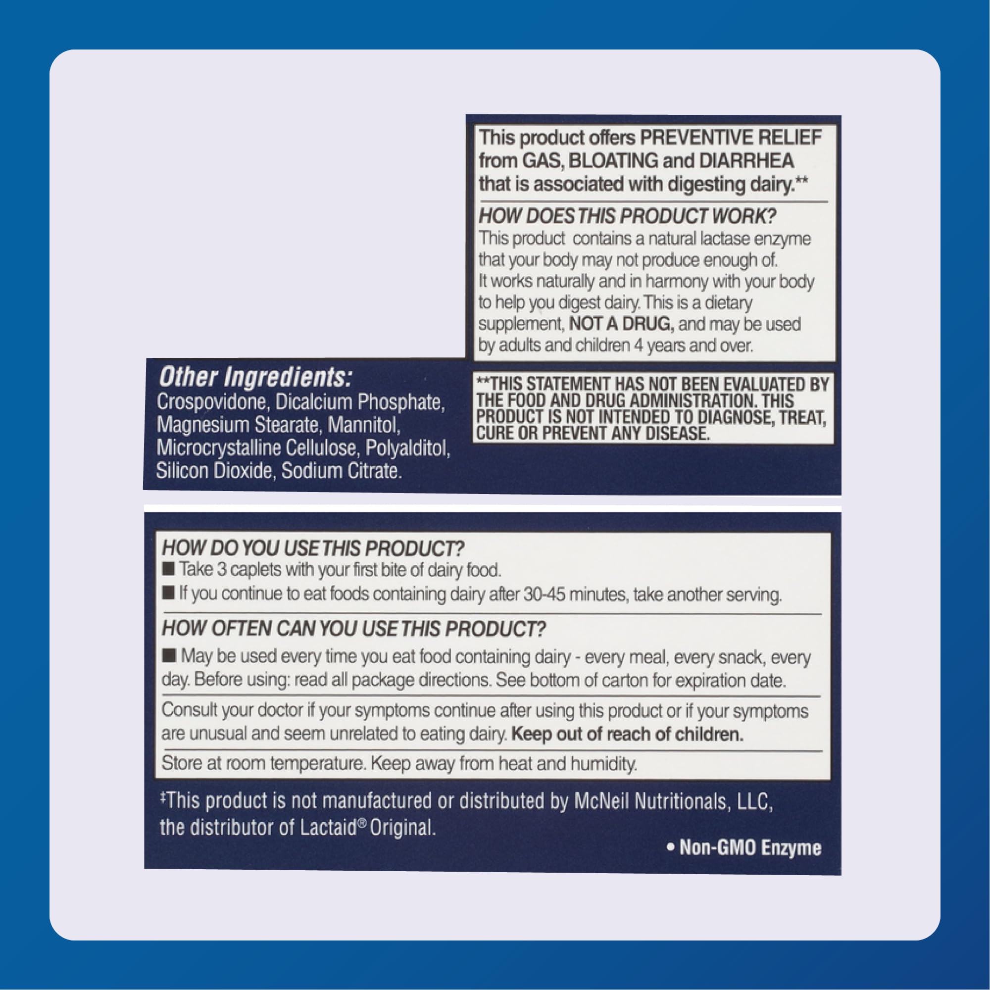 MAJOR Original Dairy Aid supplement back view with ingredients