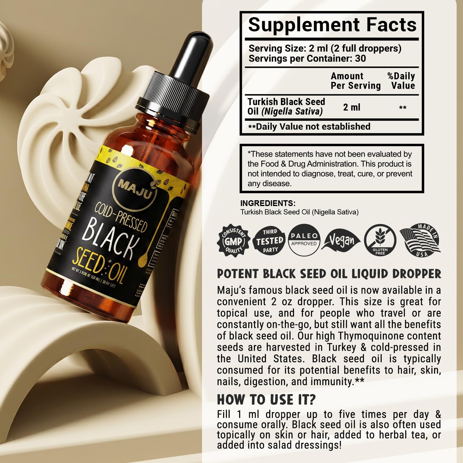 Maju Superfoods Black Cumin Seed Oil 75g label close-up