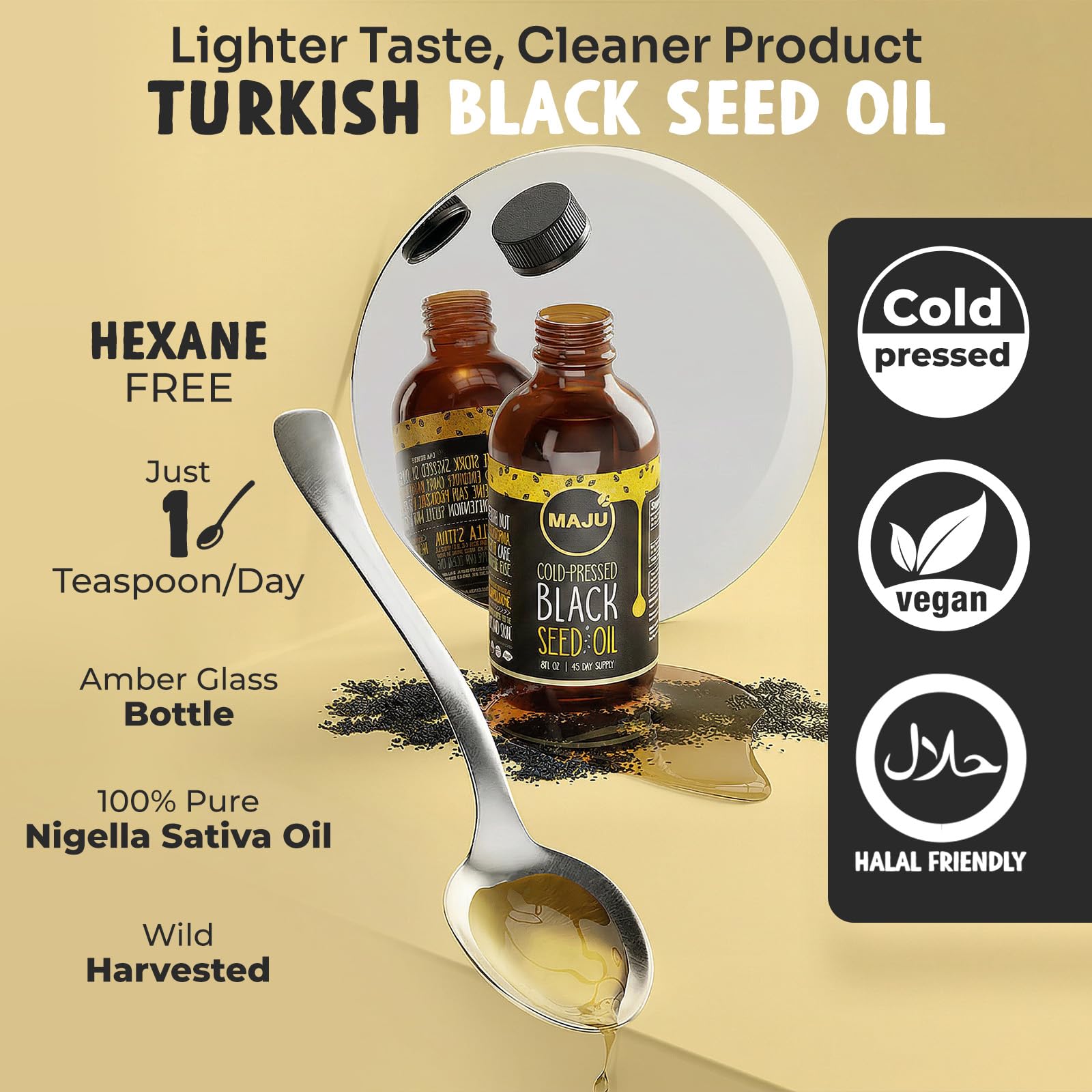 Maju Superfoods Black Seed Oil 227g label close-up