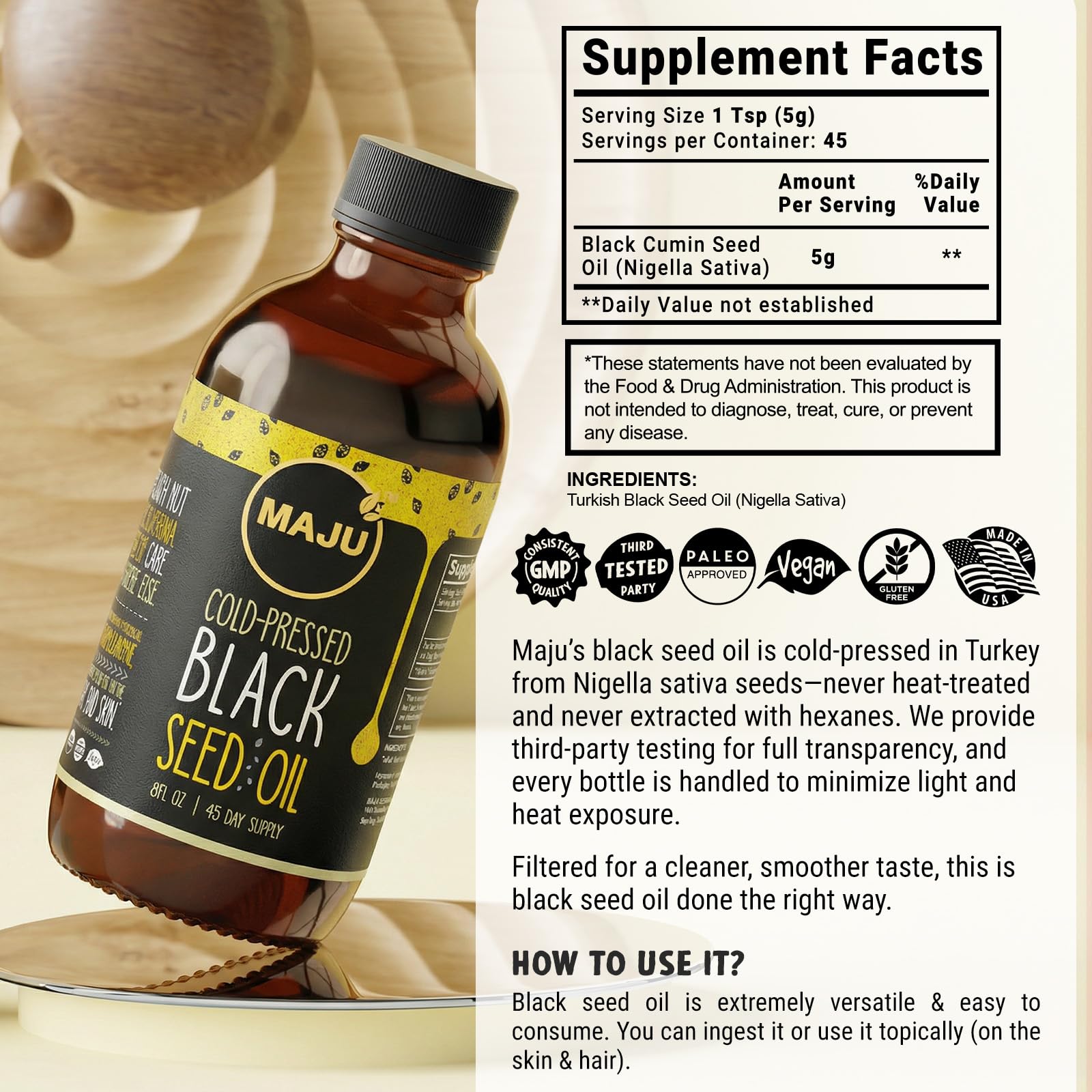 Maju Superfoods Black Seed Oil 227g packaging details