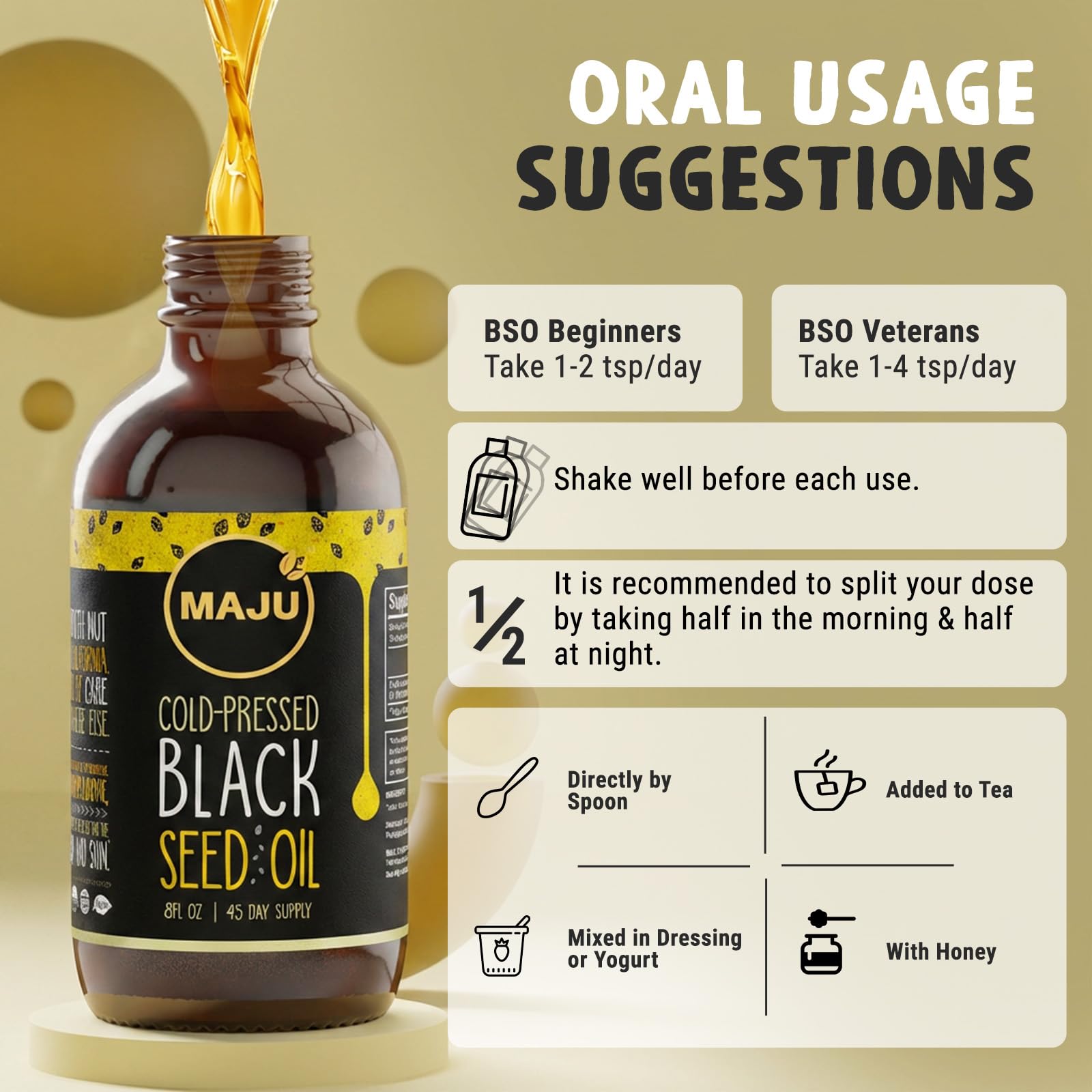 Maju Superfoods Black Seed Oil 227g with other supplements