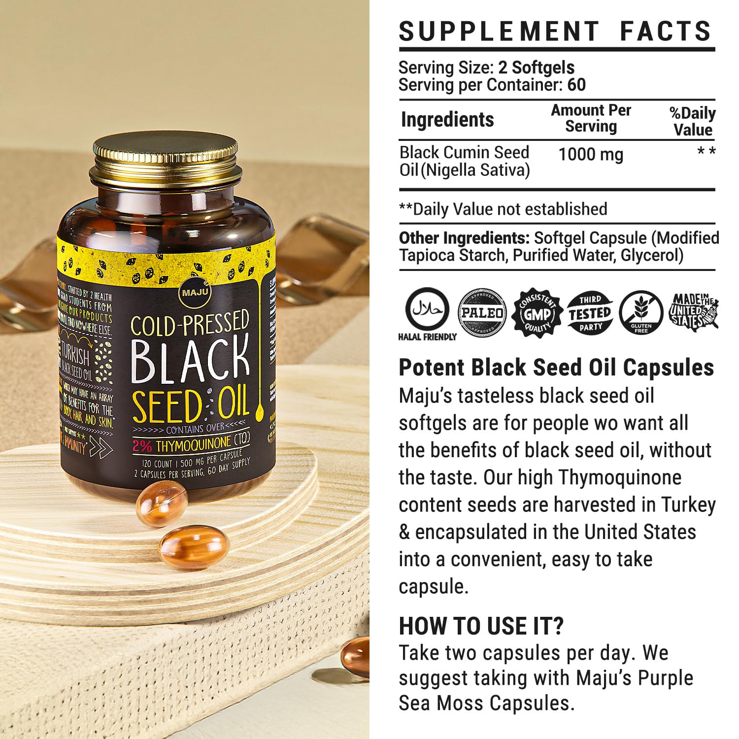 Maju Superfoods Black Seed Oil Capsules packaging details