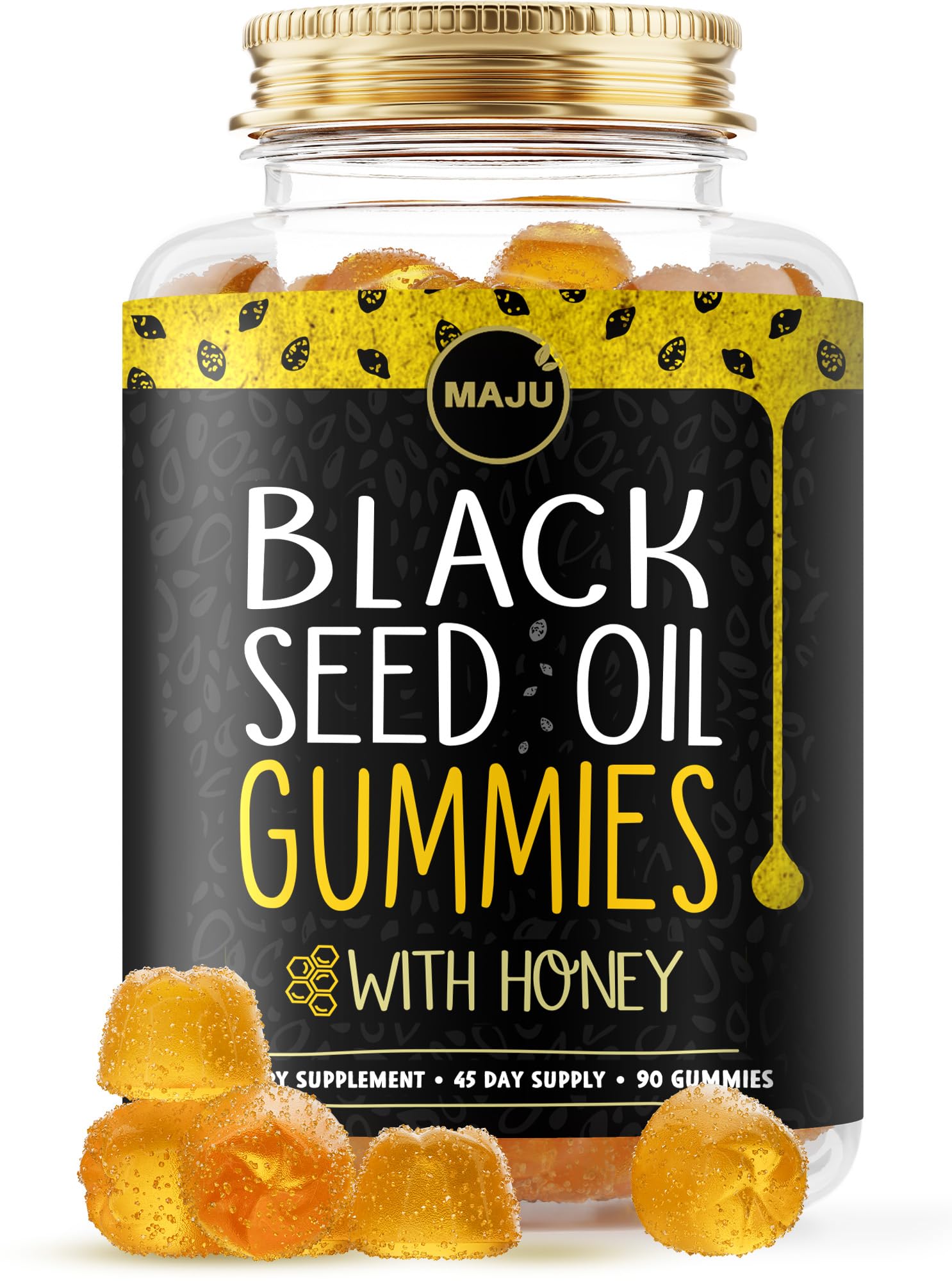 Maju Superfoods Black Seed Oil Gummies front view with packaging