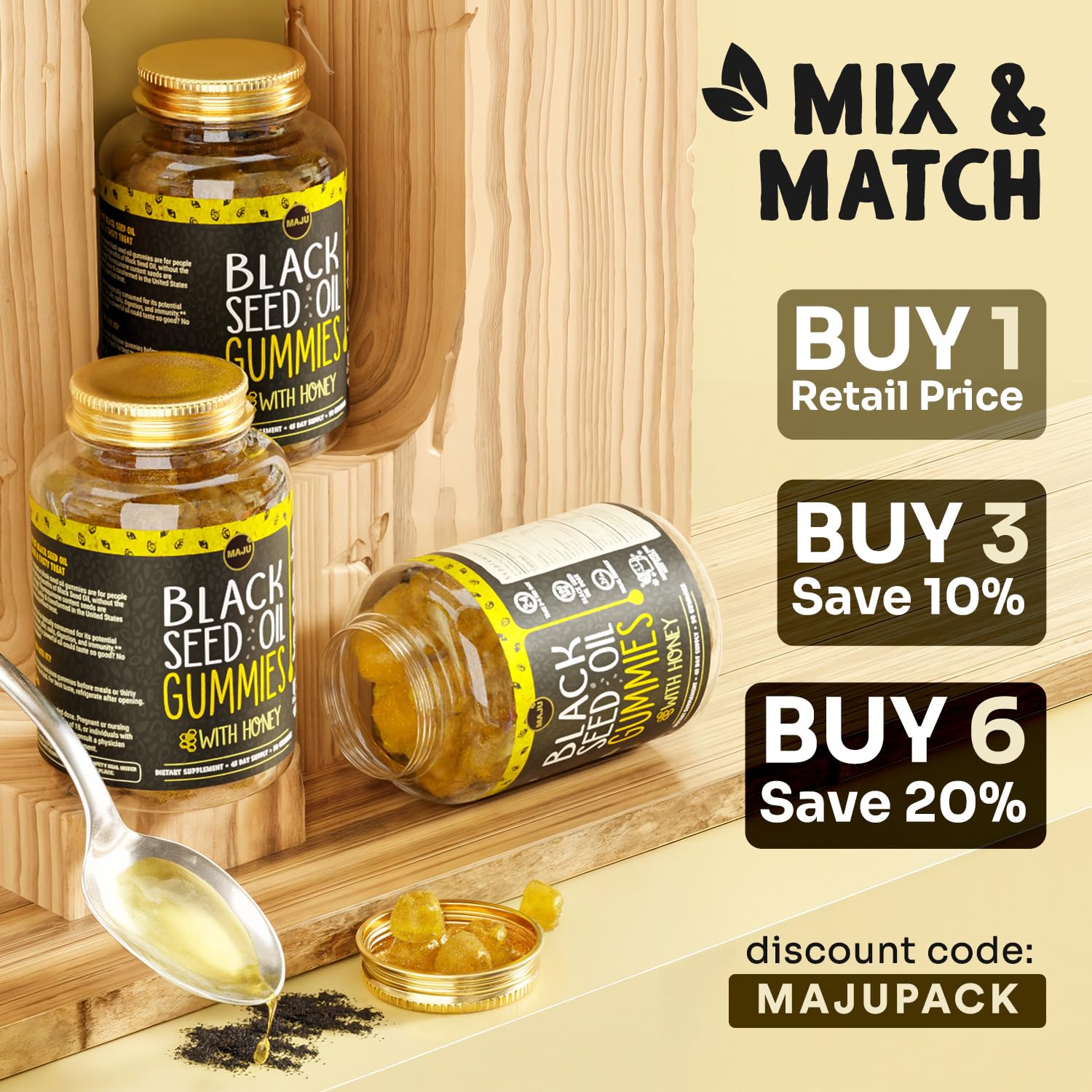 Maju Superfoods Black Seed Oil Gummies showing the serving size