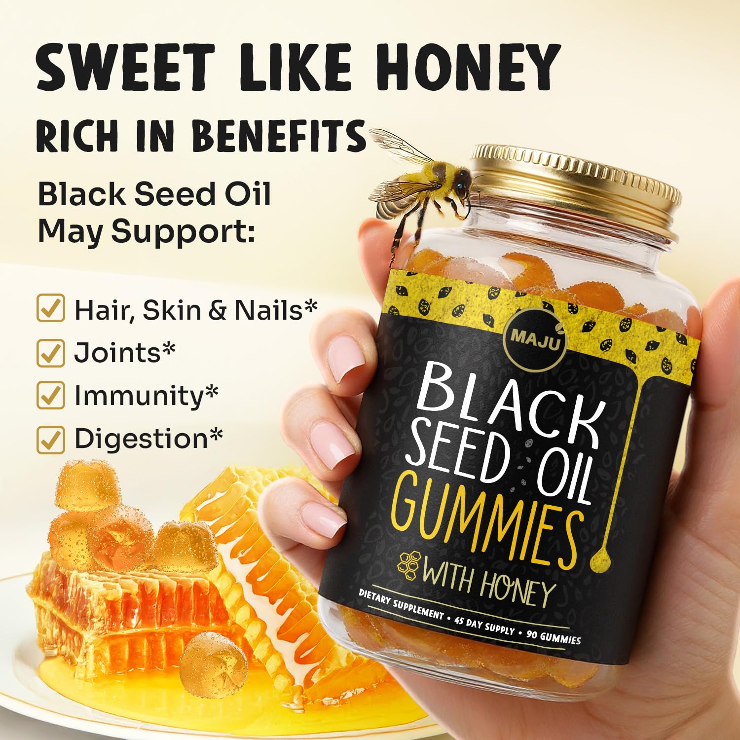 Maju Superfoods Black Seed Oil Gummies side view of the container