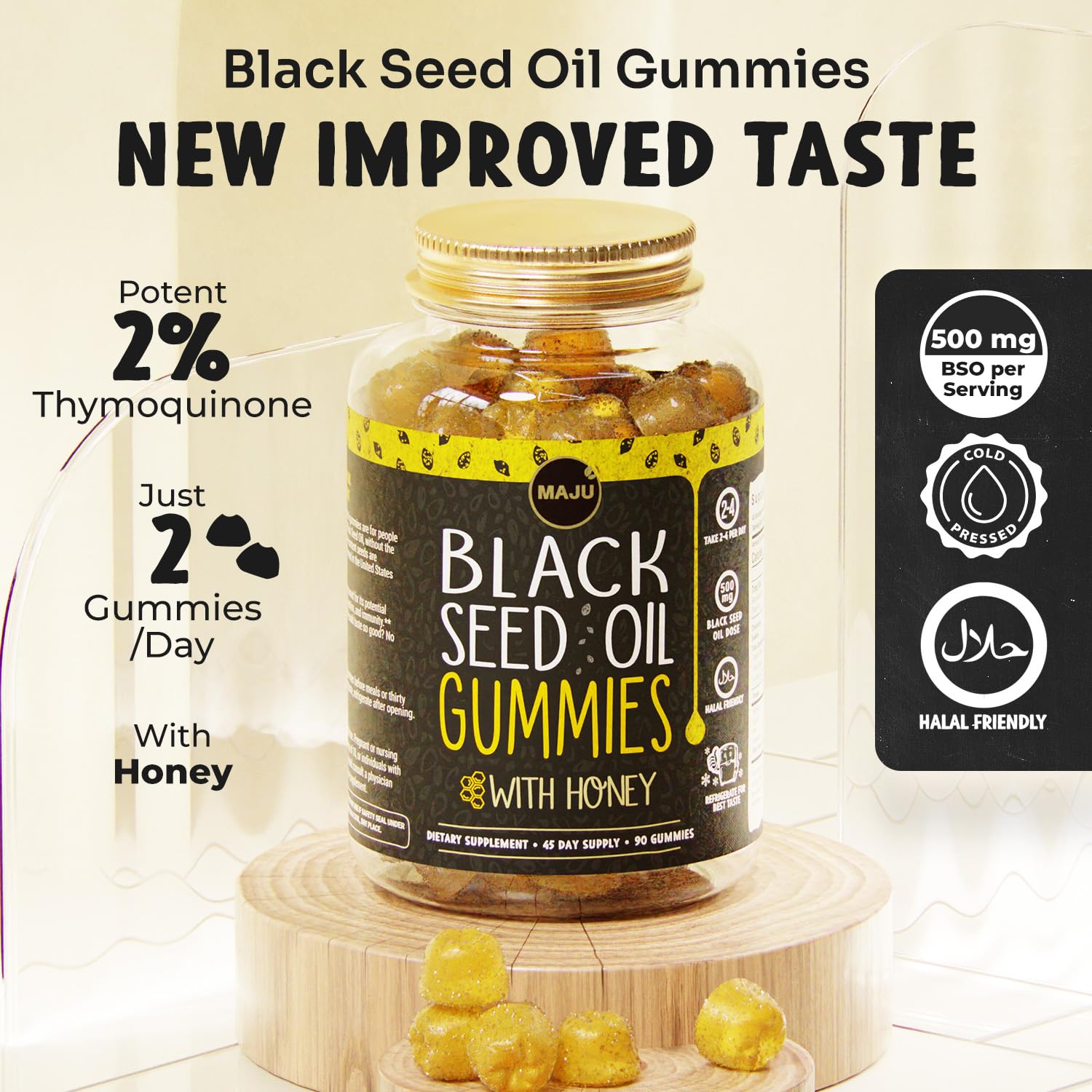Maju Superfoods Black Seed Oil Gummies with a close-up of the honey flavour