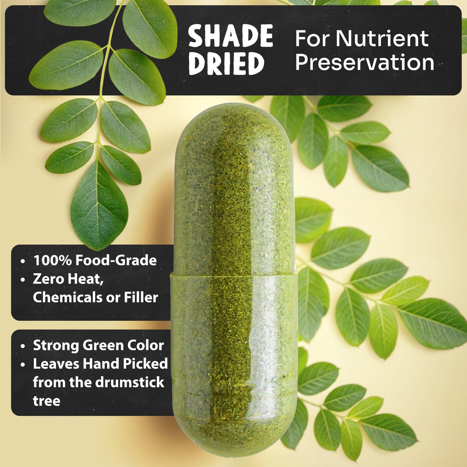 Maju Superfoods Moringa Capsules displayed on a wooden table