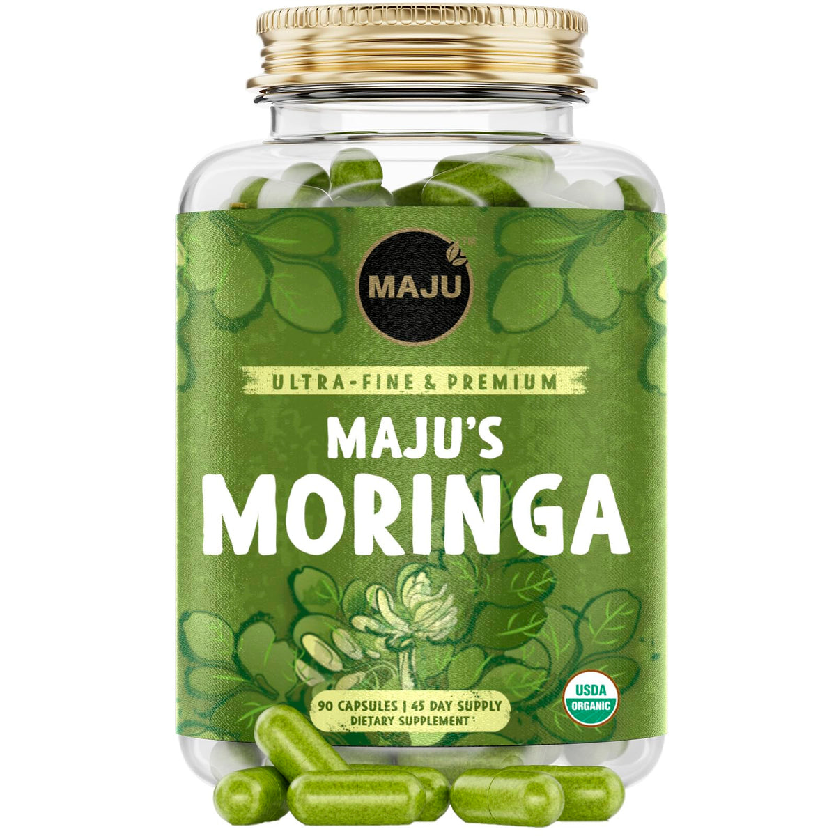 Maju Superfoods Moringa Capsules front view with packaging