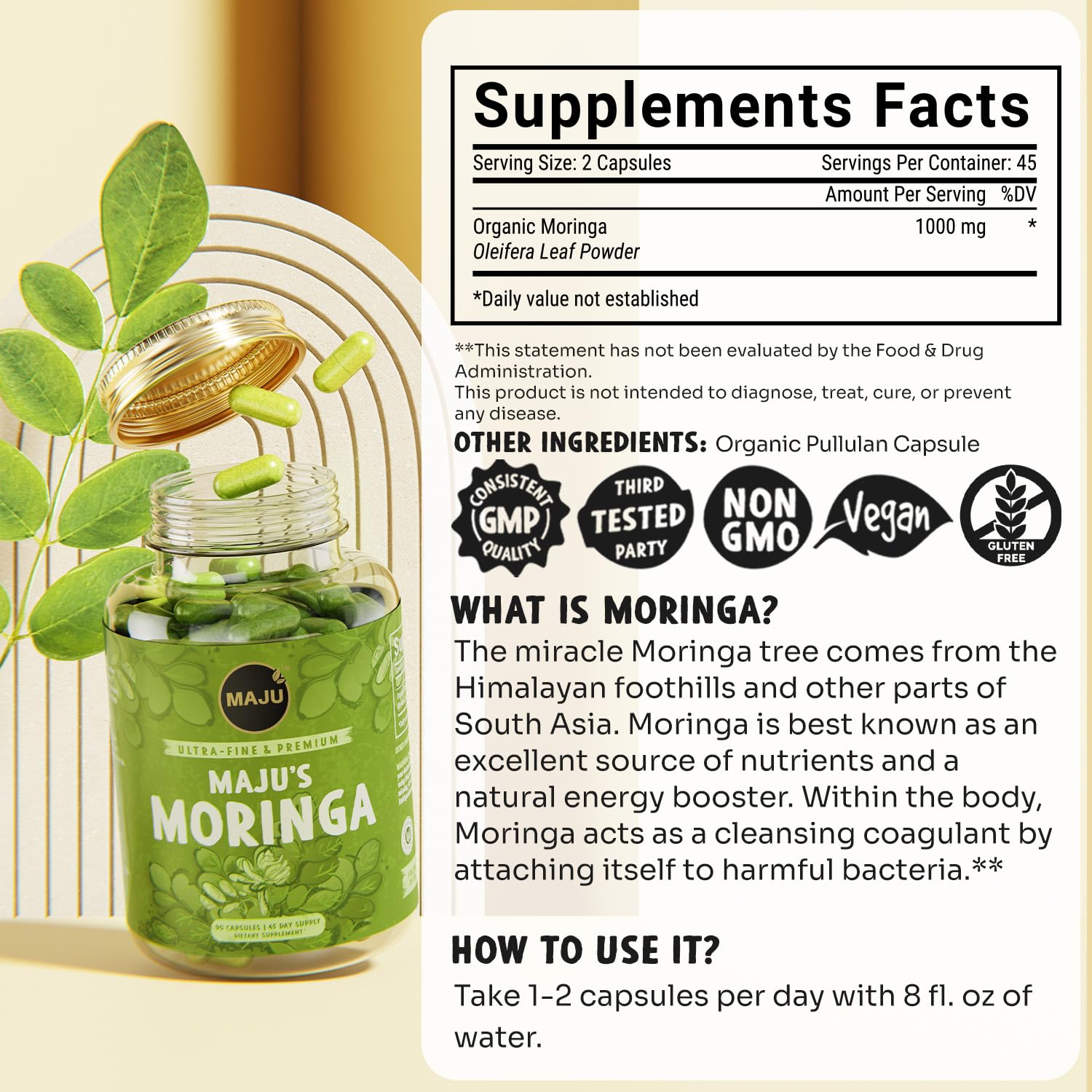 Maju Superfoods Moringa Capsules packaging details
