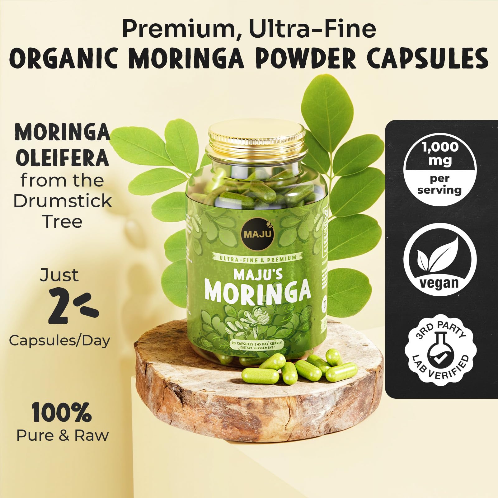 Maju Superfoods Moringa Capsules side view showing the bottle
