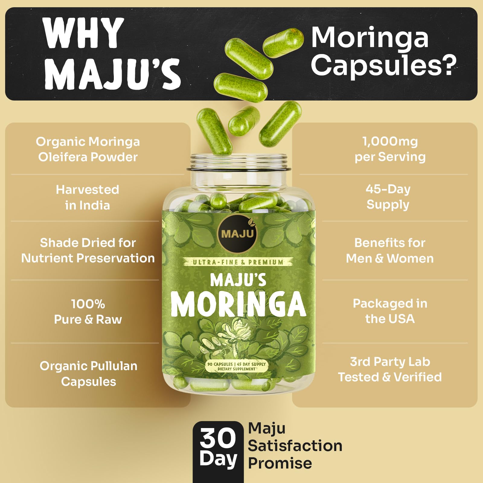 Maju Superfoods Moringa Capsules with fresh moringa leaves