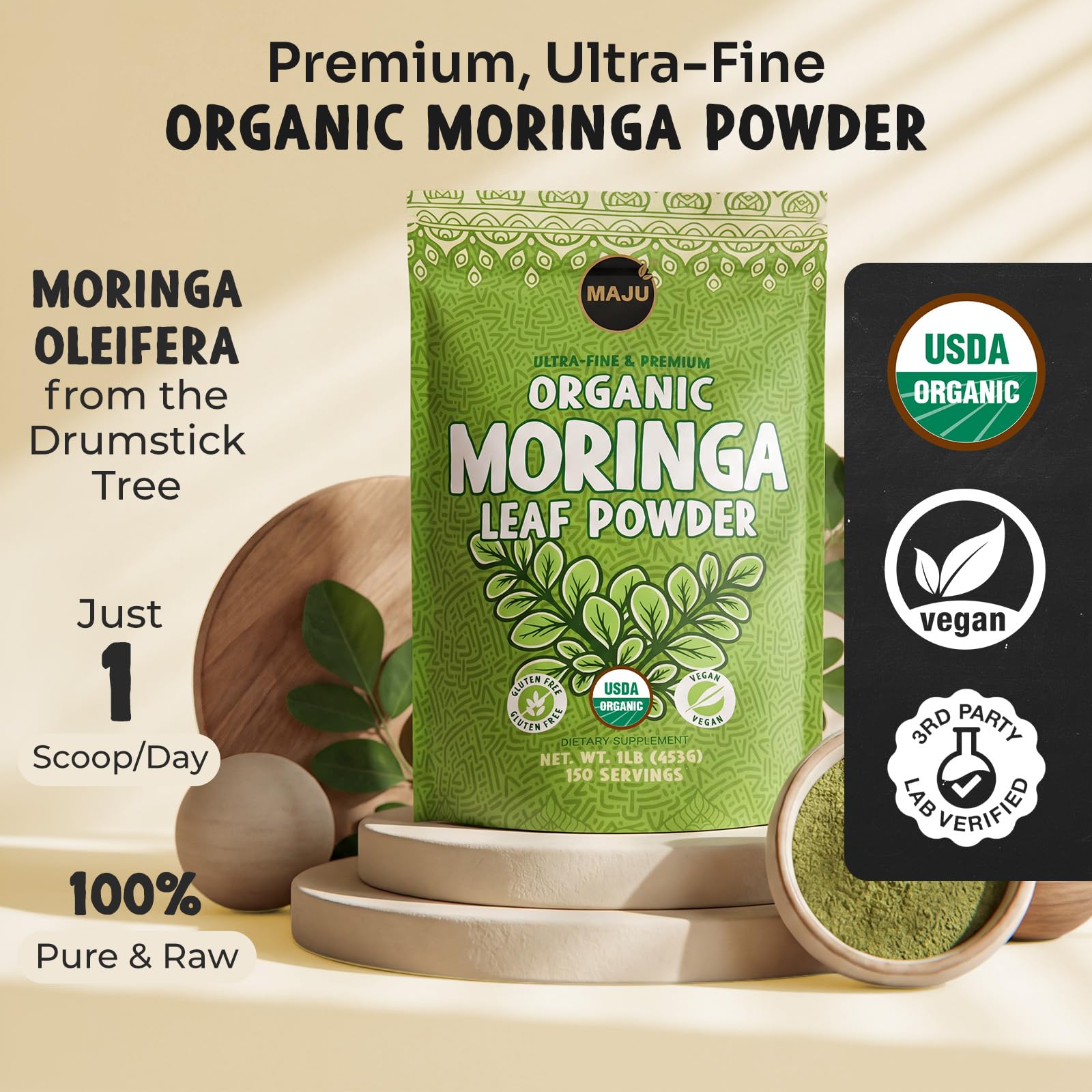 Maju Superfoods Moringa Powder 454g back view with nutritional information