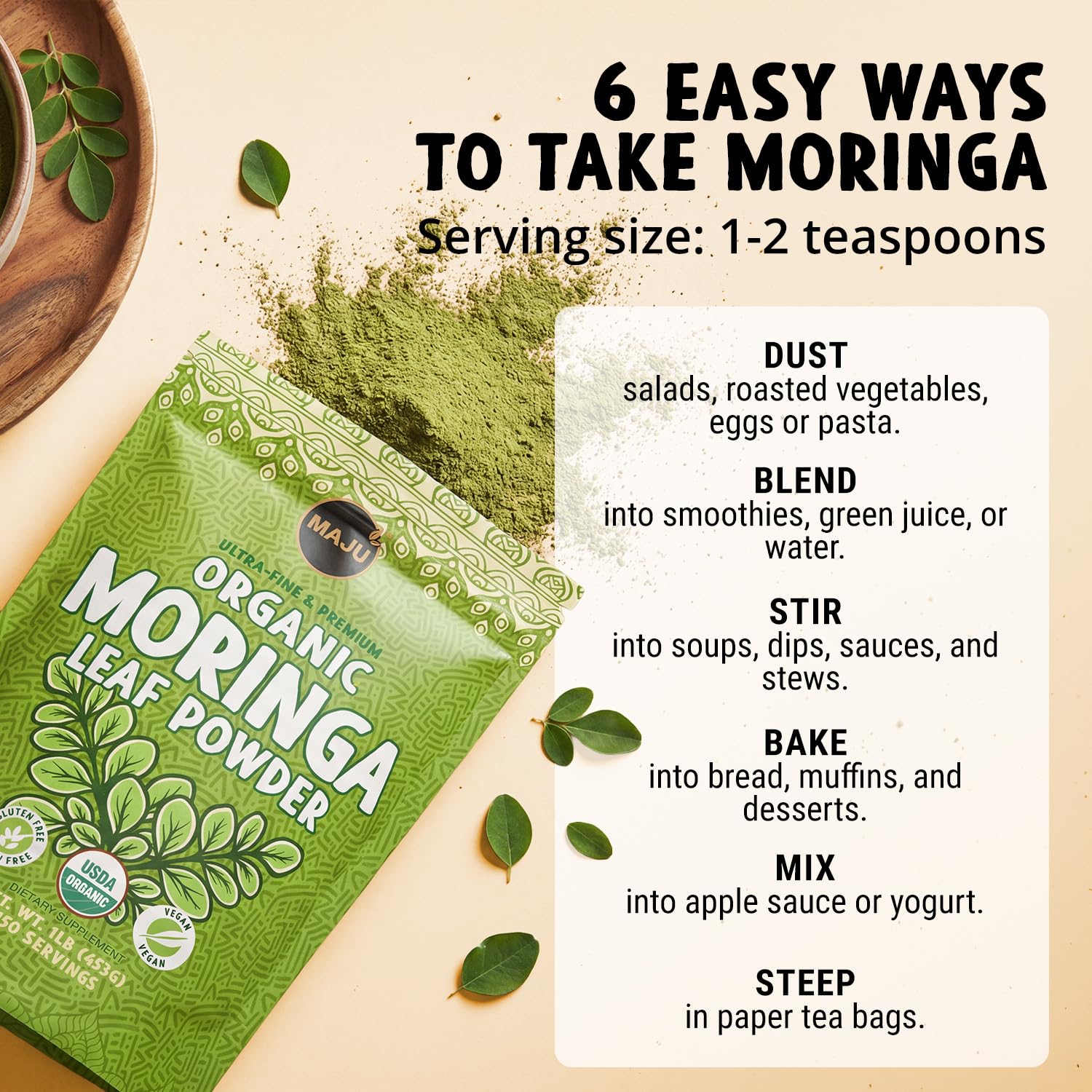 Maju Superfoods Moringa Powder packaging with measurement scoop