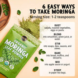 Maju Superfoods Moringa Powder packaging with measurement scoop