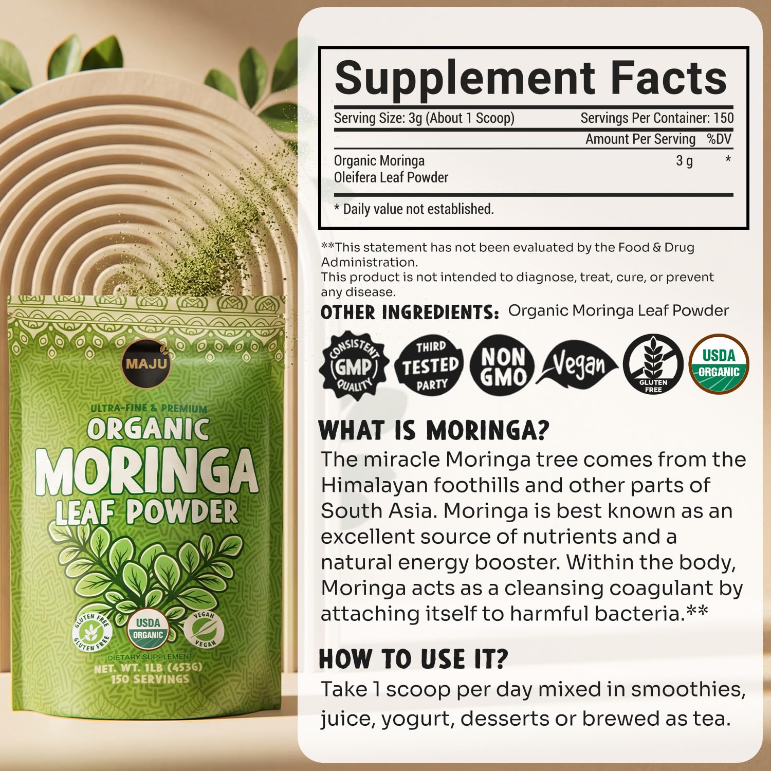 Maju Superfoods Moringa Powder with fresh moringa leaves