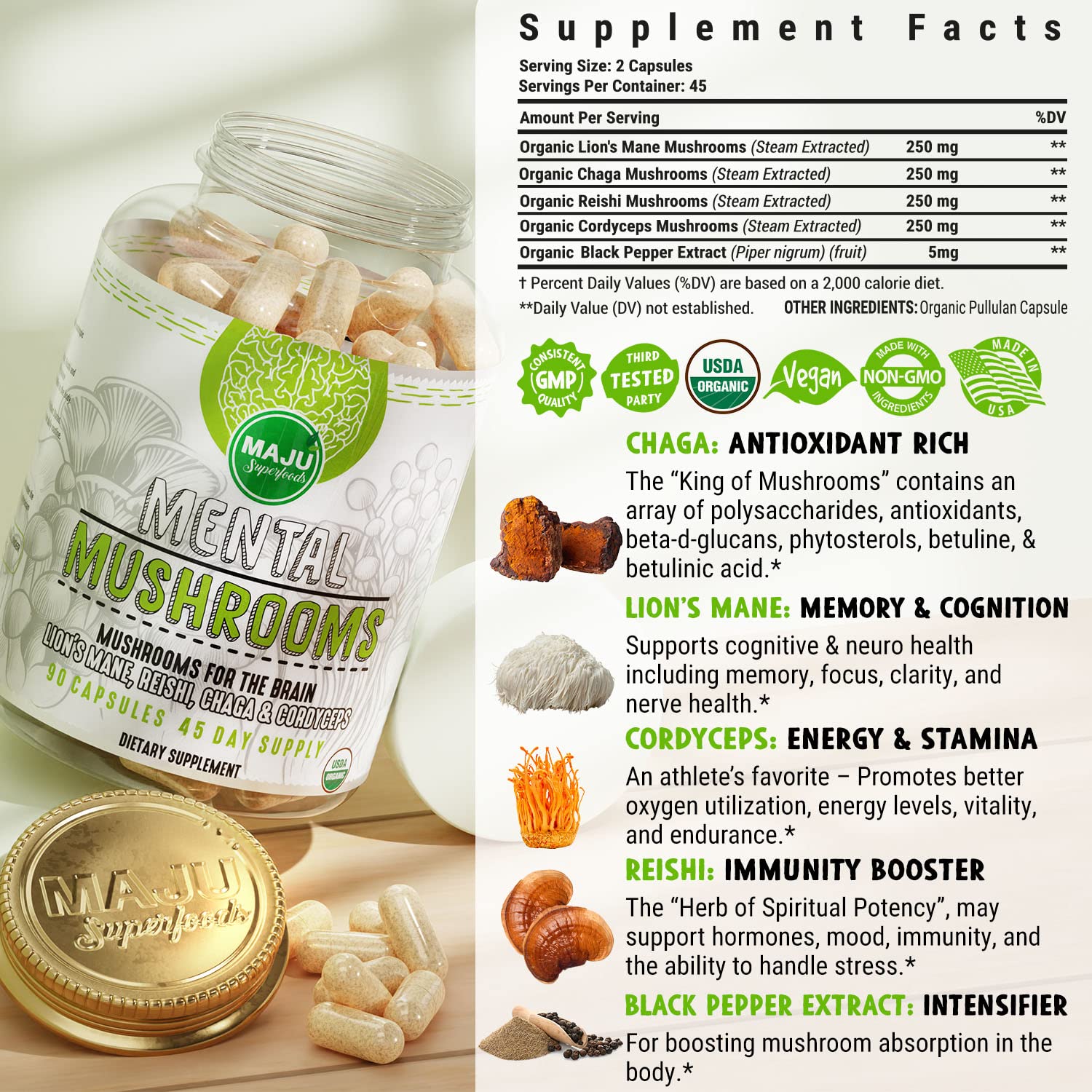 Maju Superfoods Mushroom Supplement bottle with background