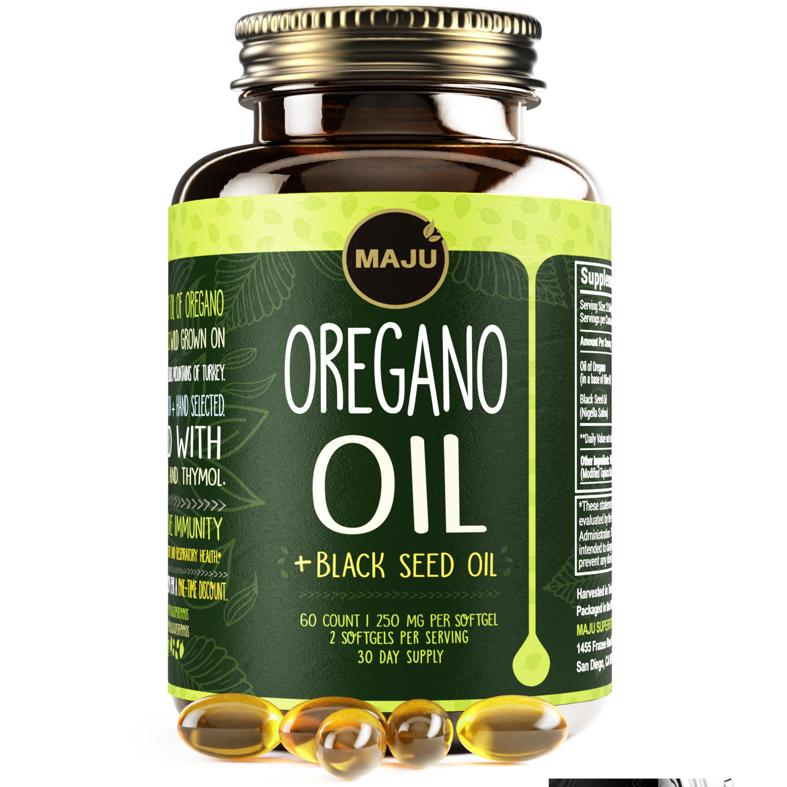 Maju Superfoods Oregano Oil & Black Seed Oil Capsules front view