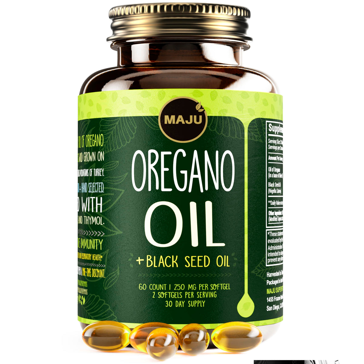 Maju Superfoods Oregano Oil & Black Seed Oil Capsules front view