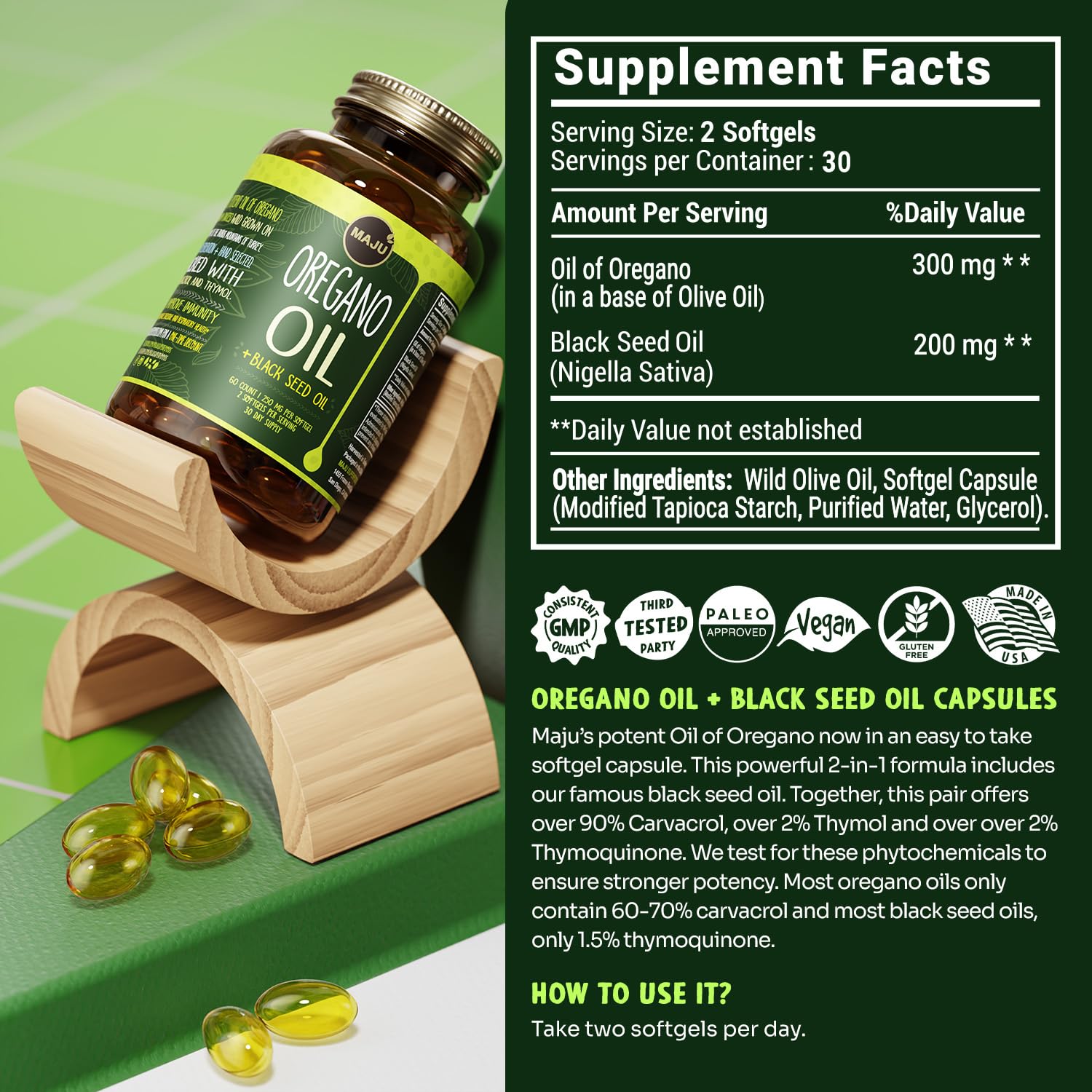 Maju Superfoods Oregano Oil & Black Seed Oil Capsules opened bottle