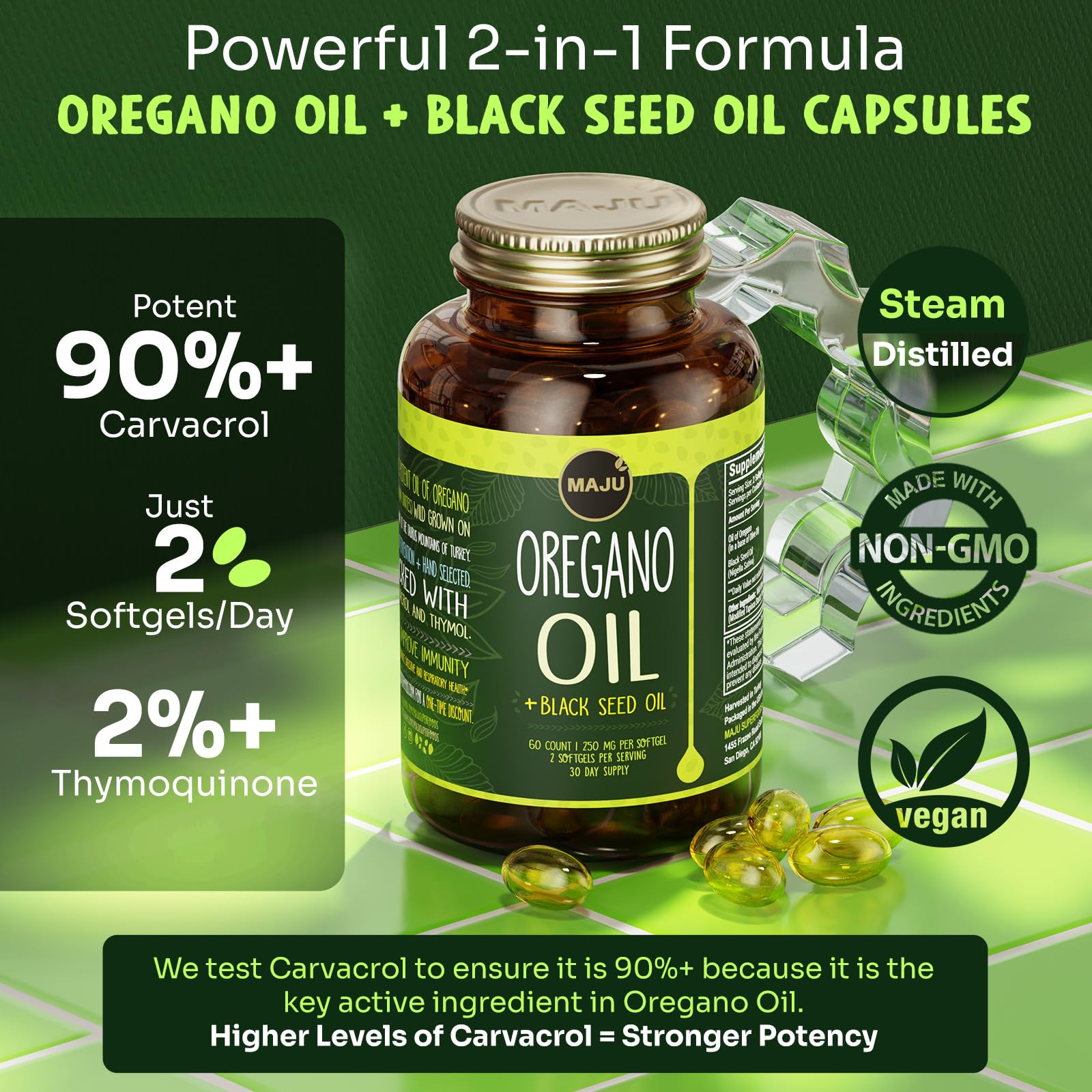 Maju Superfoods Oregano Oil & Black Seed Oil Capsules side view
