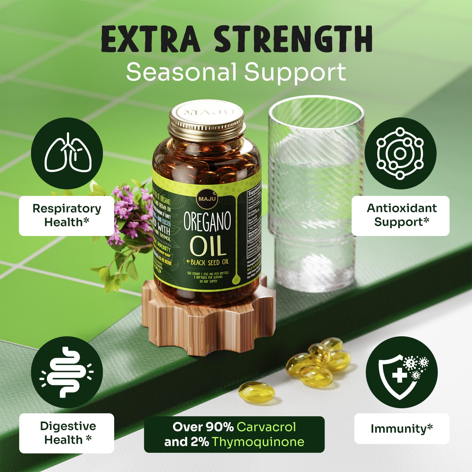 Maju Superfoods Oregano Oil & Black Seed Oil Capsules with packaging