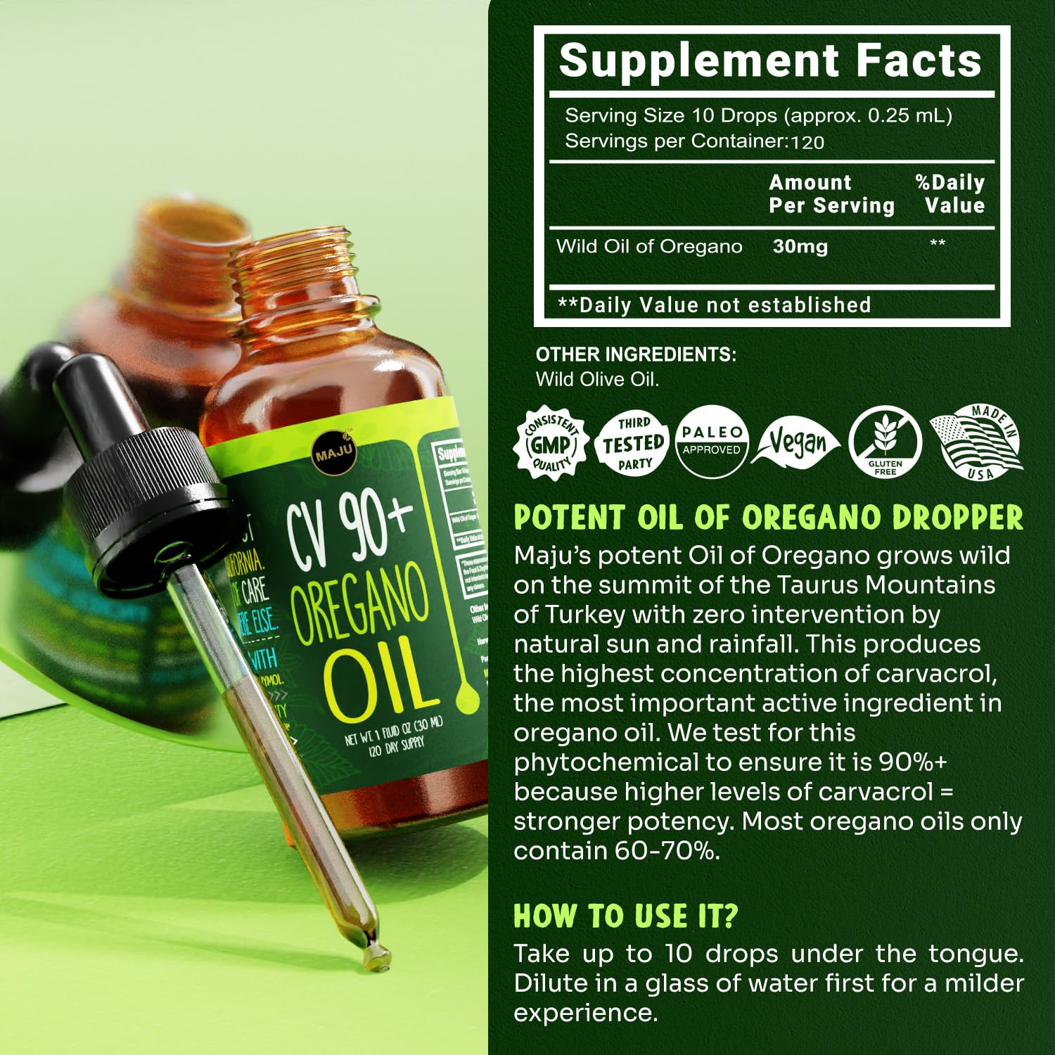 Maju Superfoods Oregano Oil Drops on kitchen counter