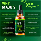 Maju Superfoods Oregano Oil Drops with olive oil background