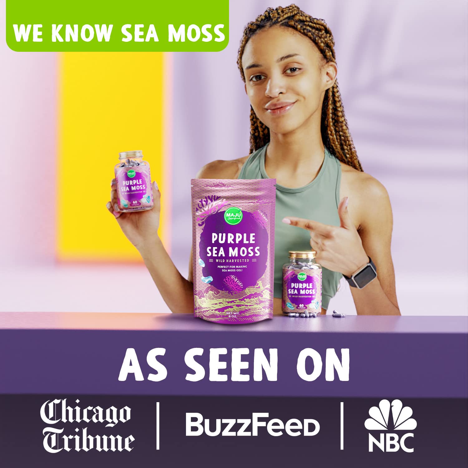 Maju Superfoods Purple Sea Moss Capsules on a wooden table