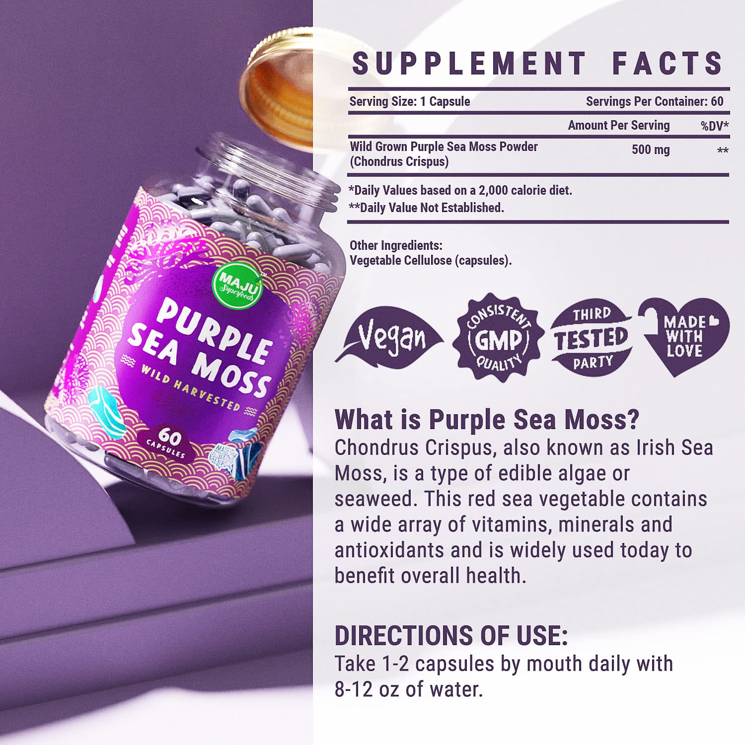 Maju Superfoods Purple Sea Moss Capsules with measuring spoon