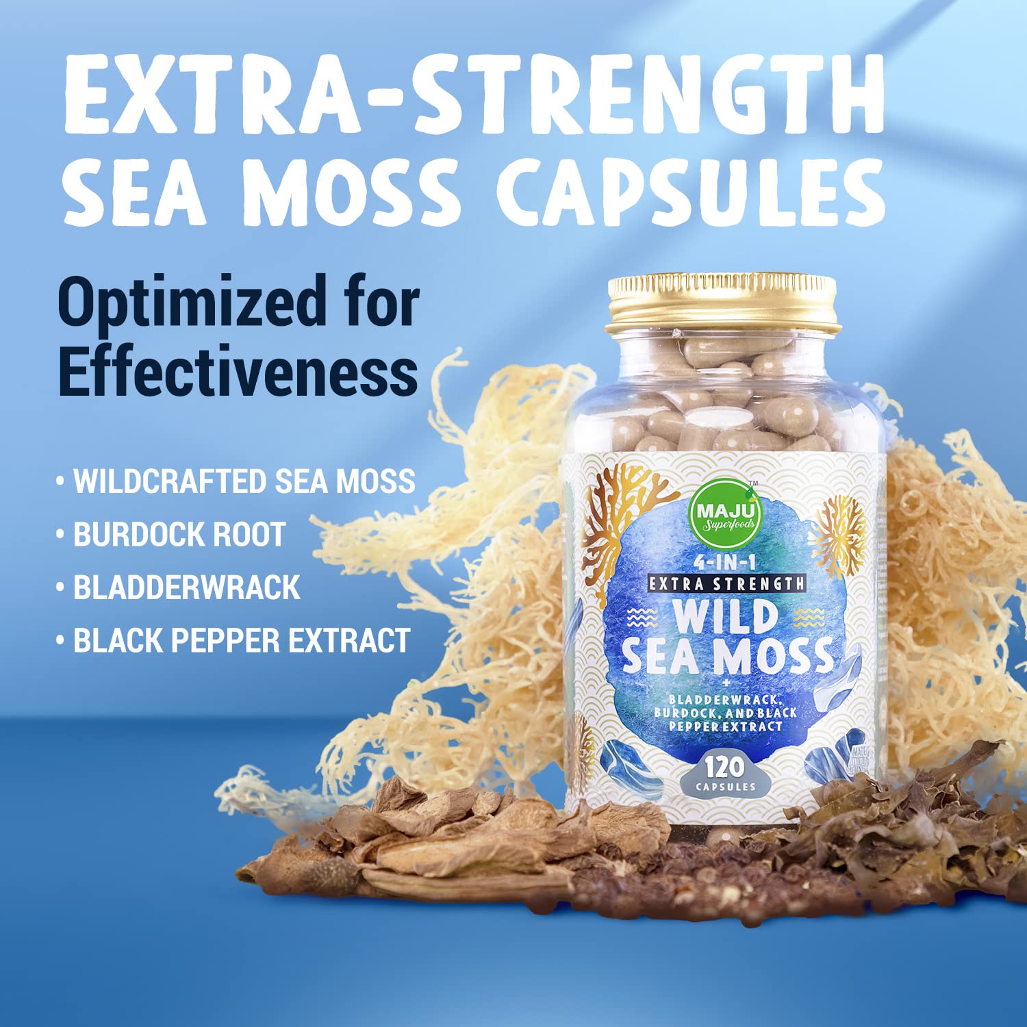 Maju Superfoods Sea Moss Capsules in a lifestyle setting