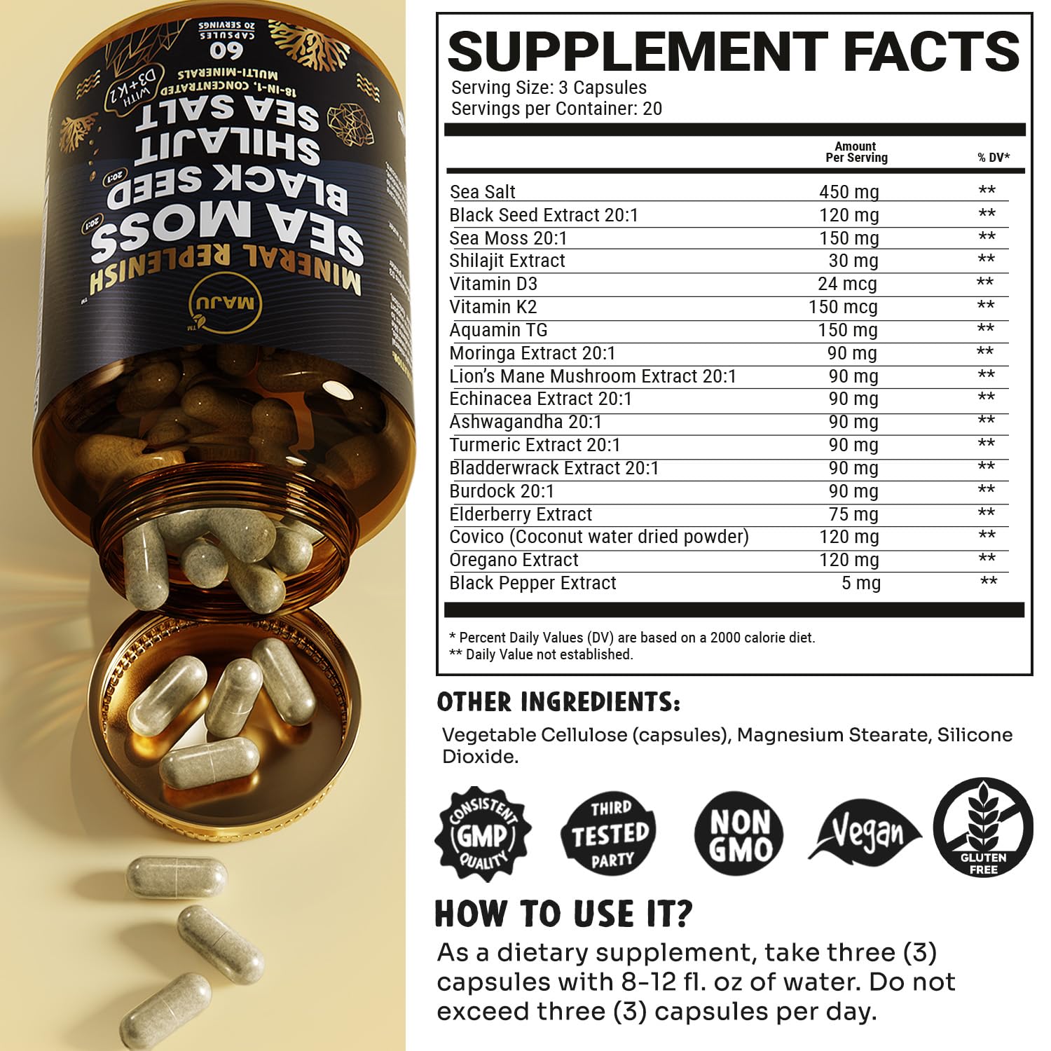 Maju Superfoods Sea Moss & Shilajit Capsules on a wooden table