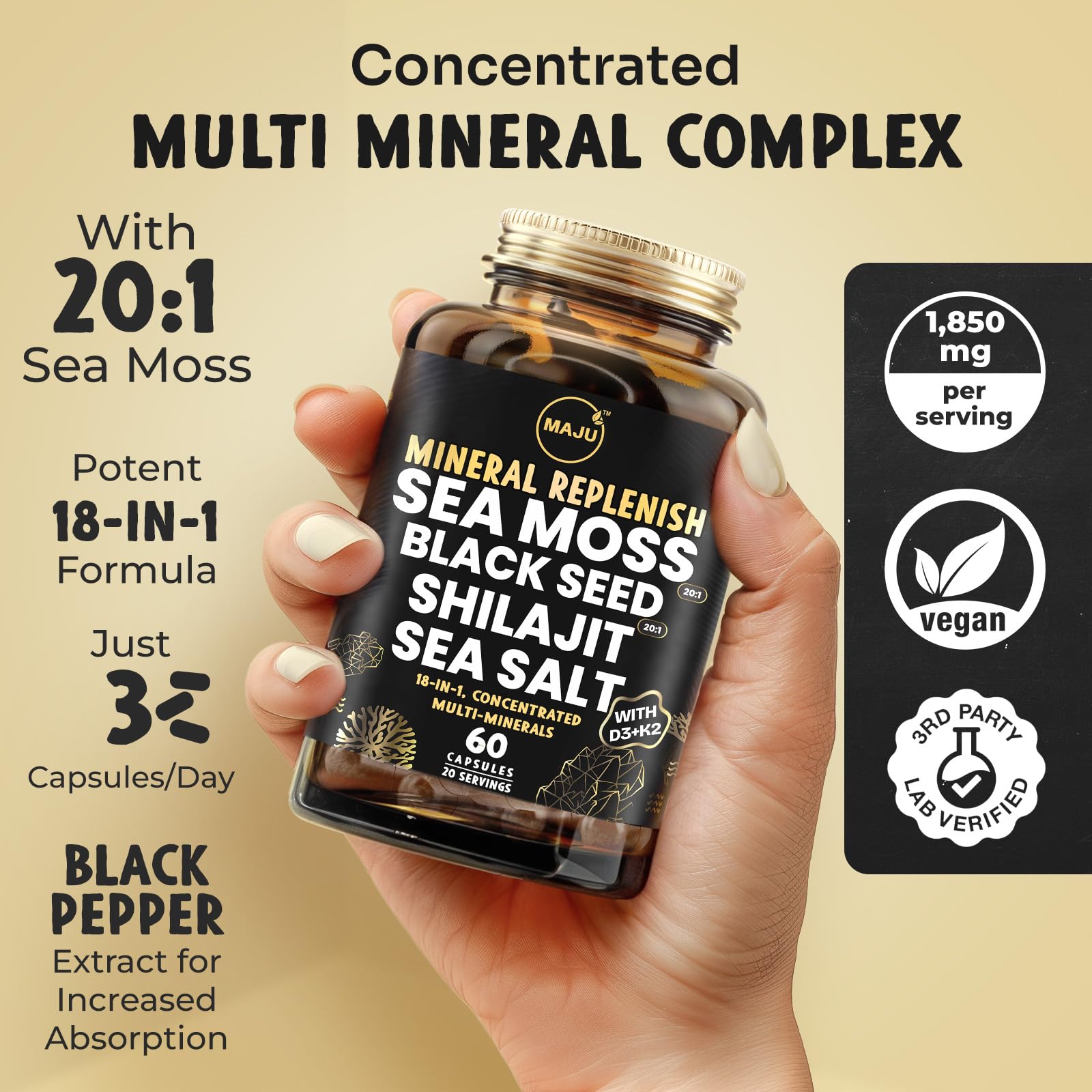 Maju Superfoods Sea Moss & Shilajit Capsules side view
