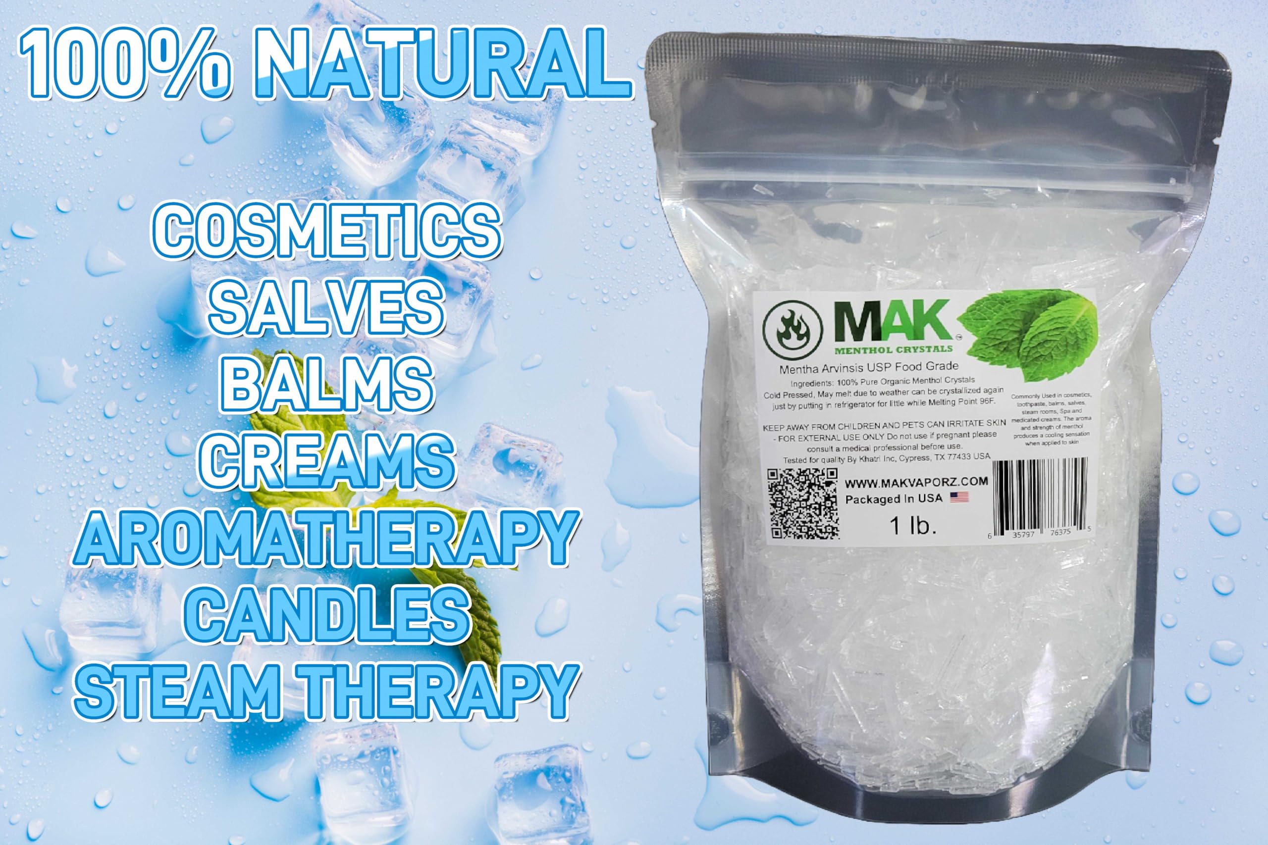 MAK Menthol Crystals 454g back view with ingredient details