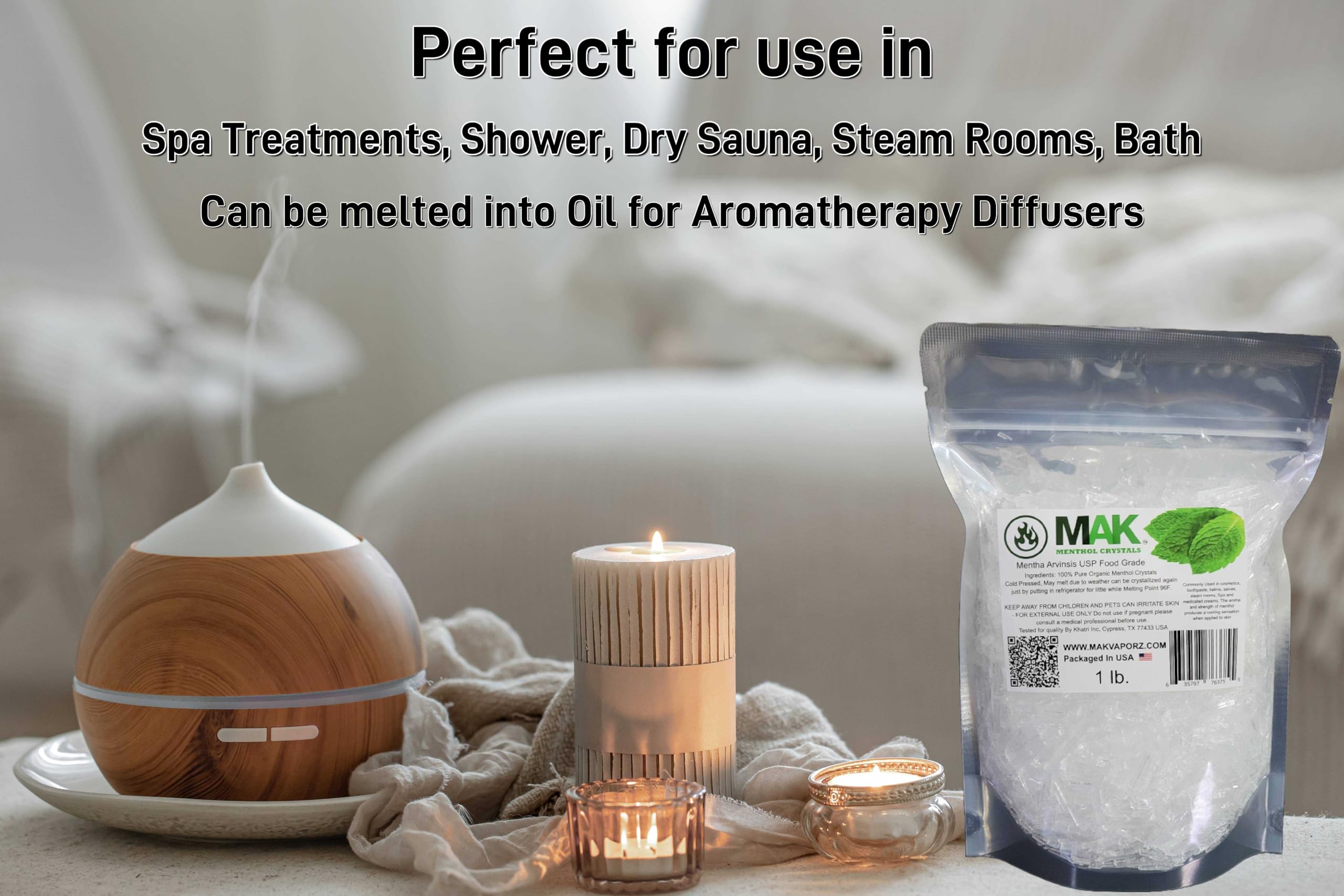 MAK Menthol Crystals 454g displayed with other aromatherapy products