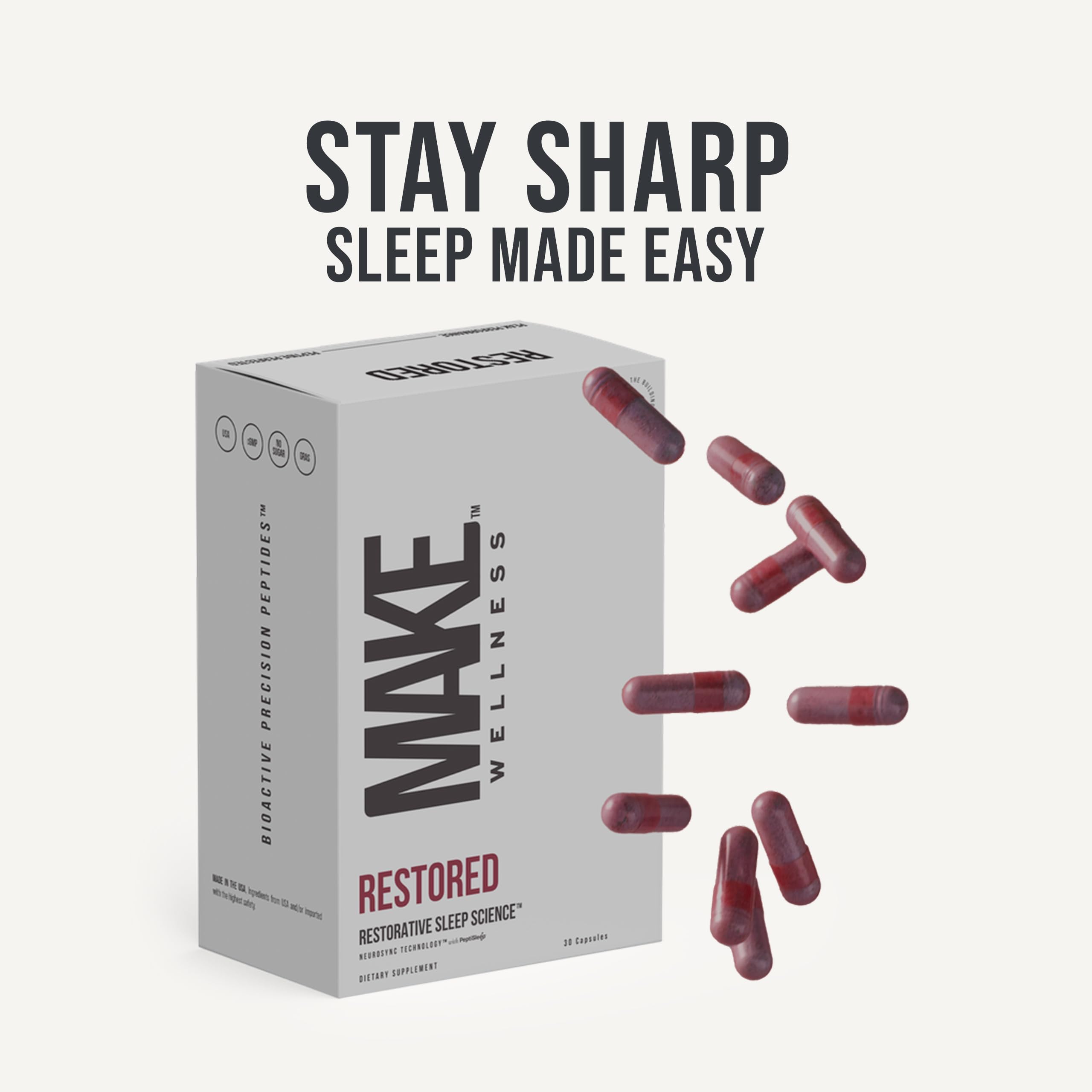 Make Wellness Restored™ Supplement packaging with ingredients list