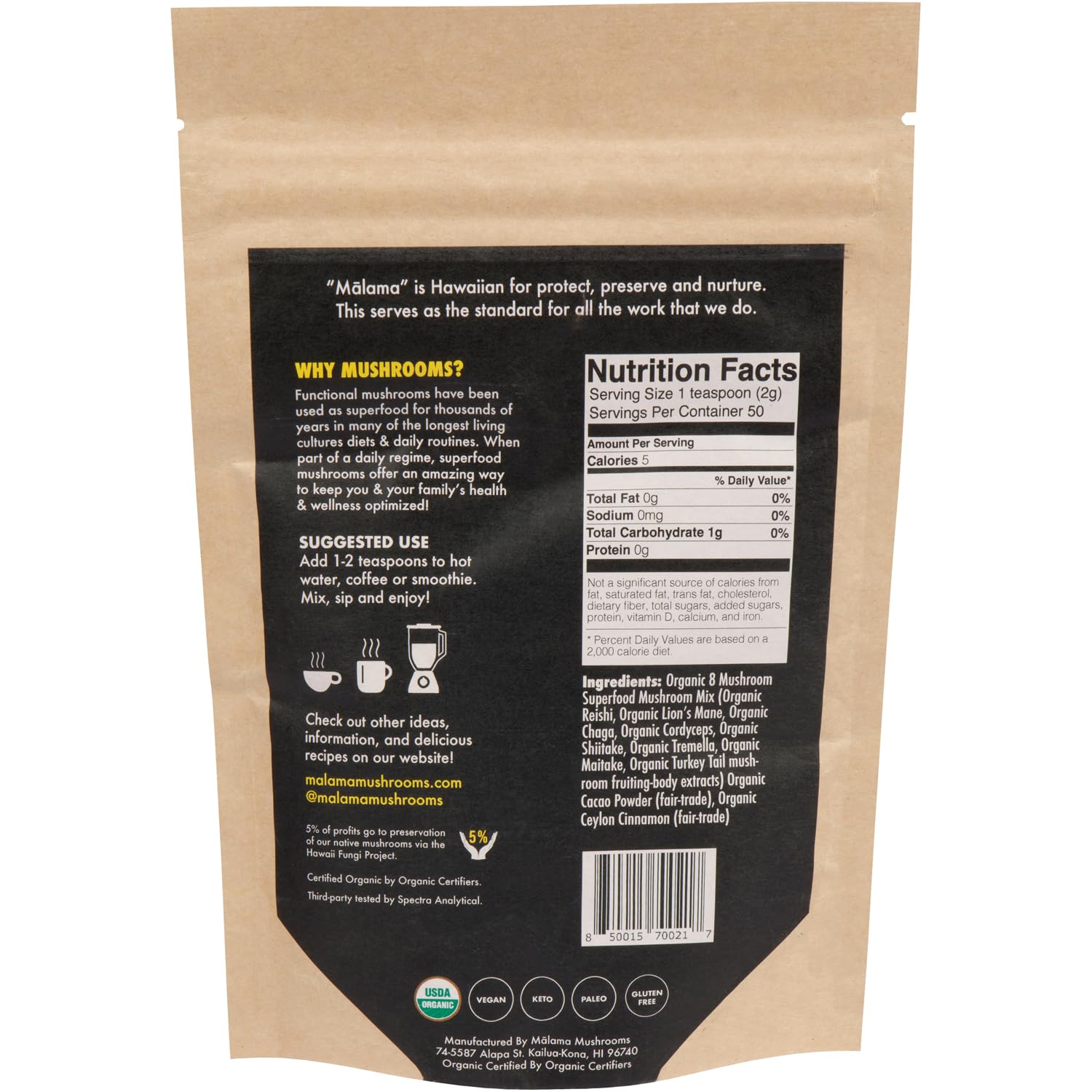 MALAMA MUSHROOMS 8-Mushroom Hot Cacao Mix ingredients close-up