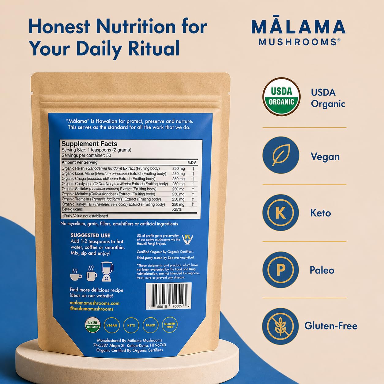 MALAMA MUSHROOMS 8-Mushroom Powder back view with ingredient list