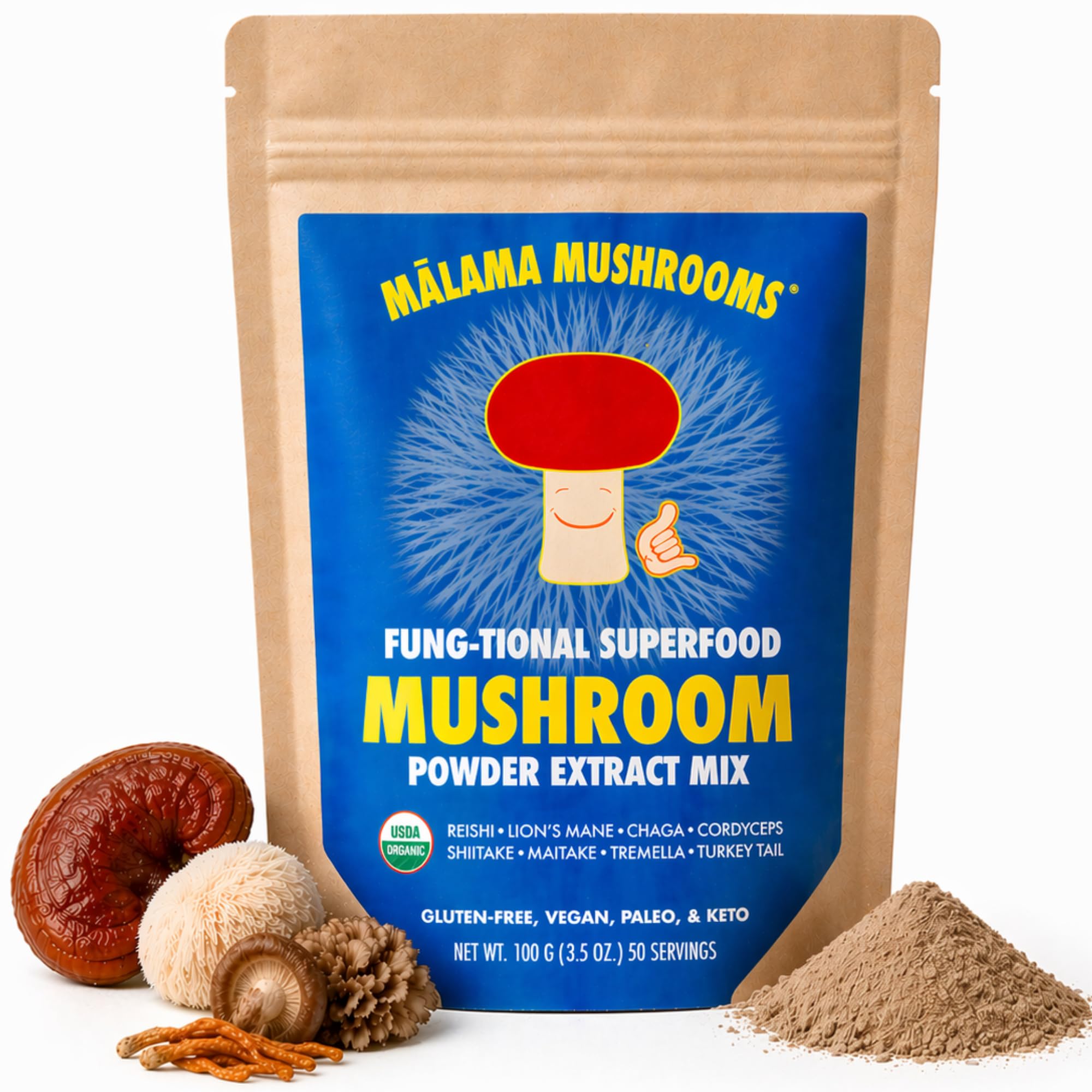 MALAMA MUSHROOMS 8-Mushroom Powder front view packaging