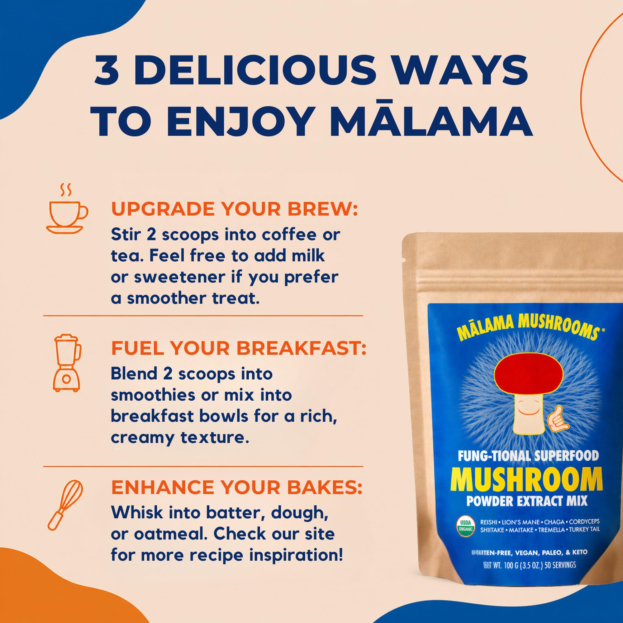 MALAMA MUSHROOMS 8-Mushroom Powder on a kitchen counter