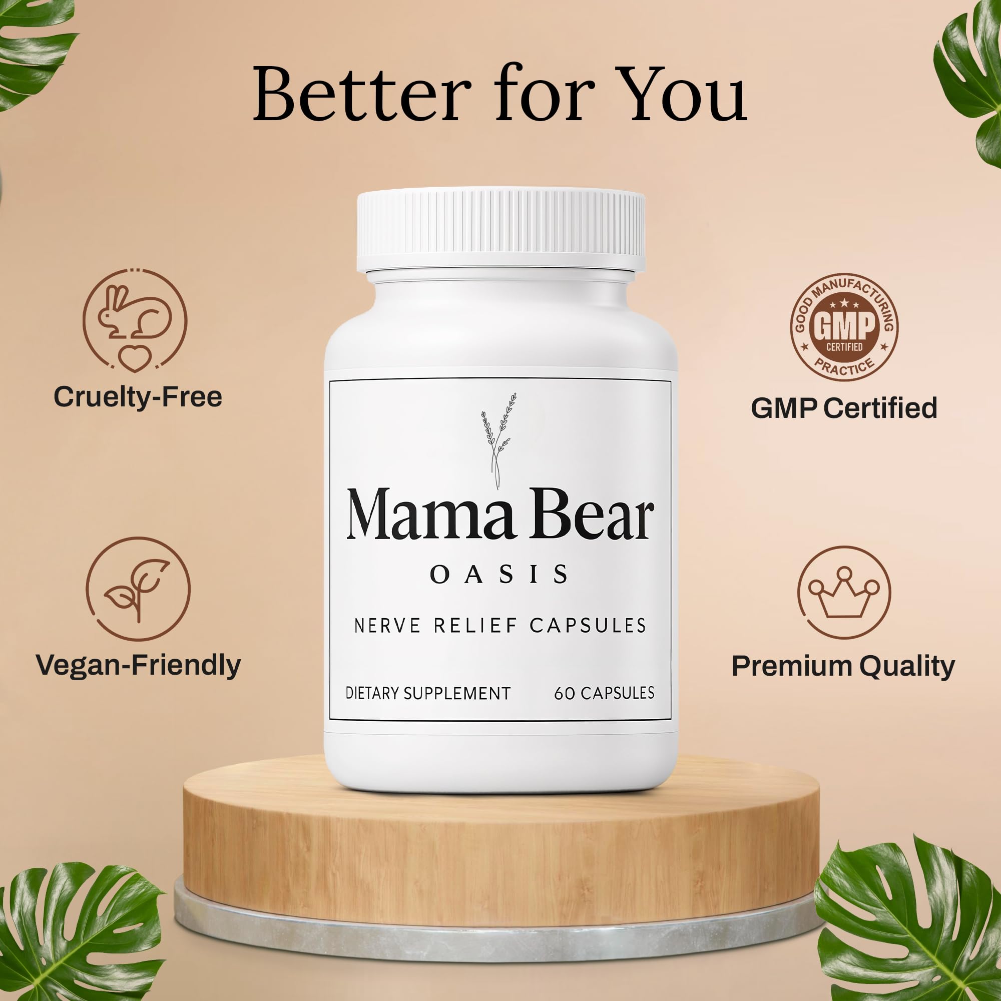 Mama Bear Oasis Neuropathy Capsules on a wooden table