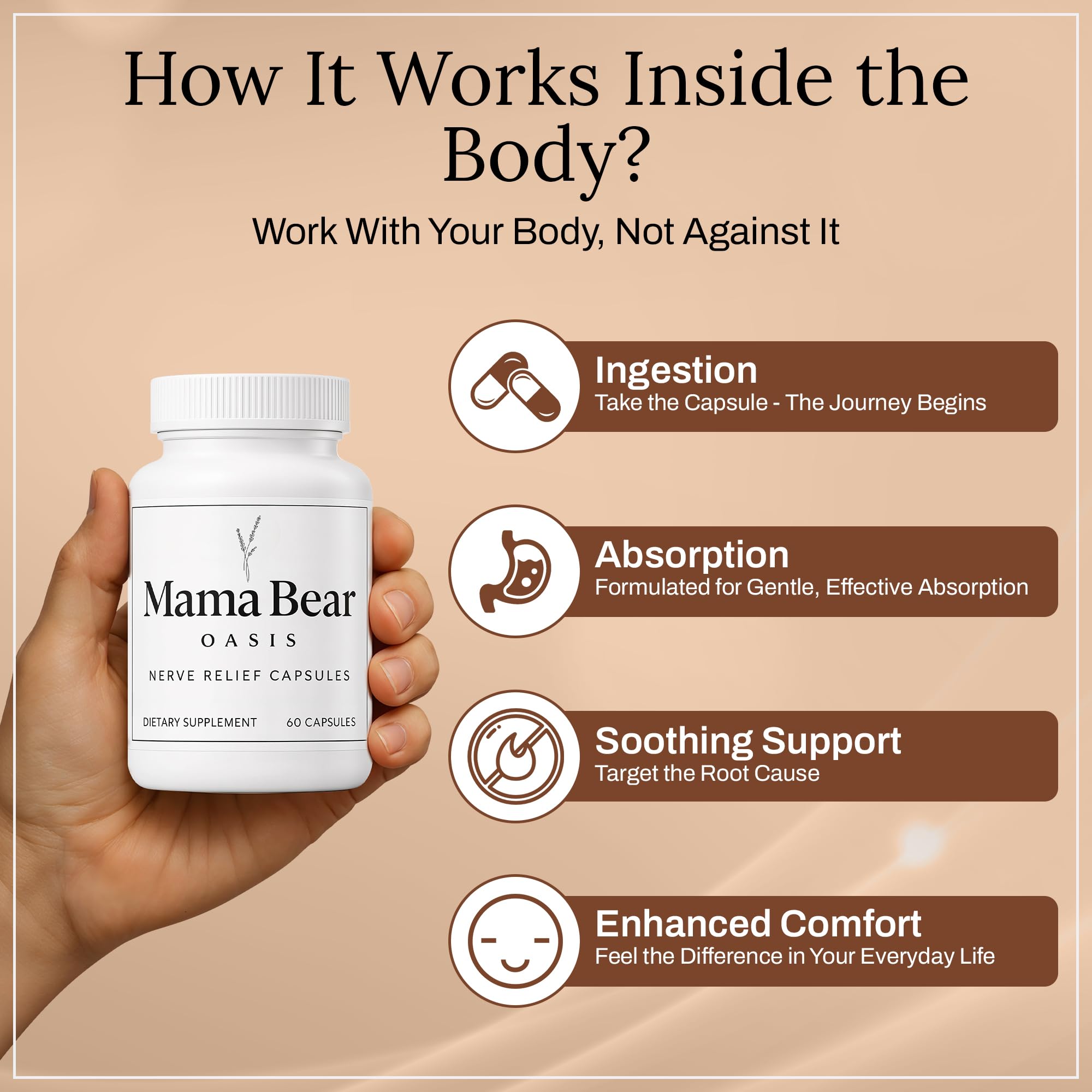 Mama Bear Oasis Neuropathy Capsules with a hand holding the bottle