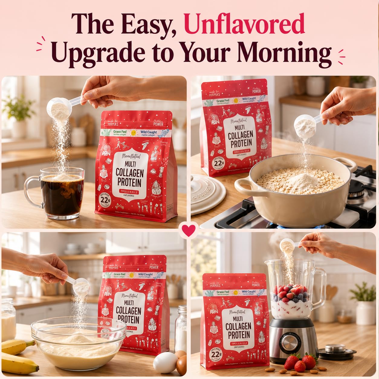 Mama Natural Collagen Powder on a kitchen counter