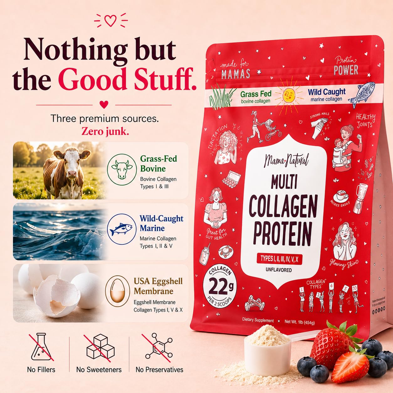 Mama Natural Collagen Powder scoop and powder