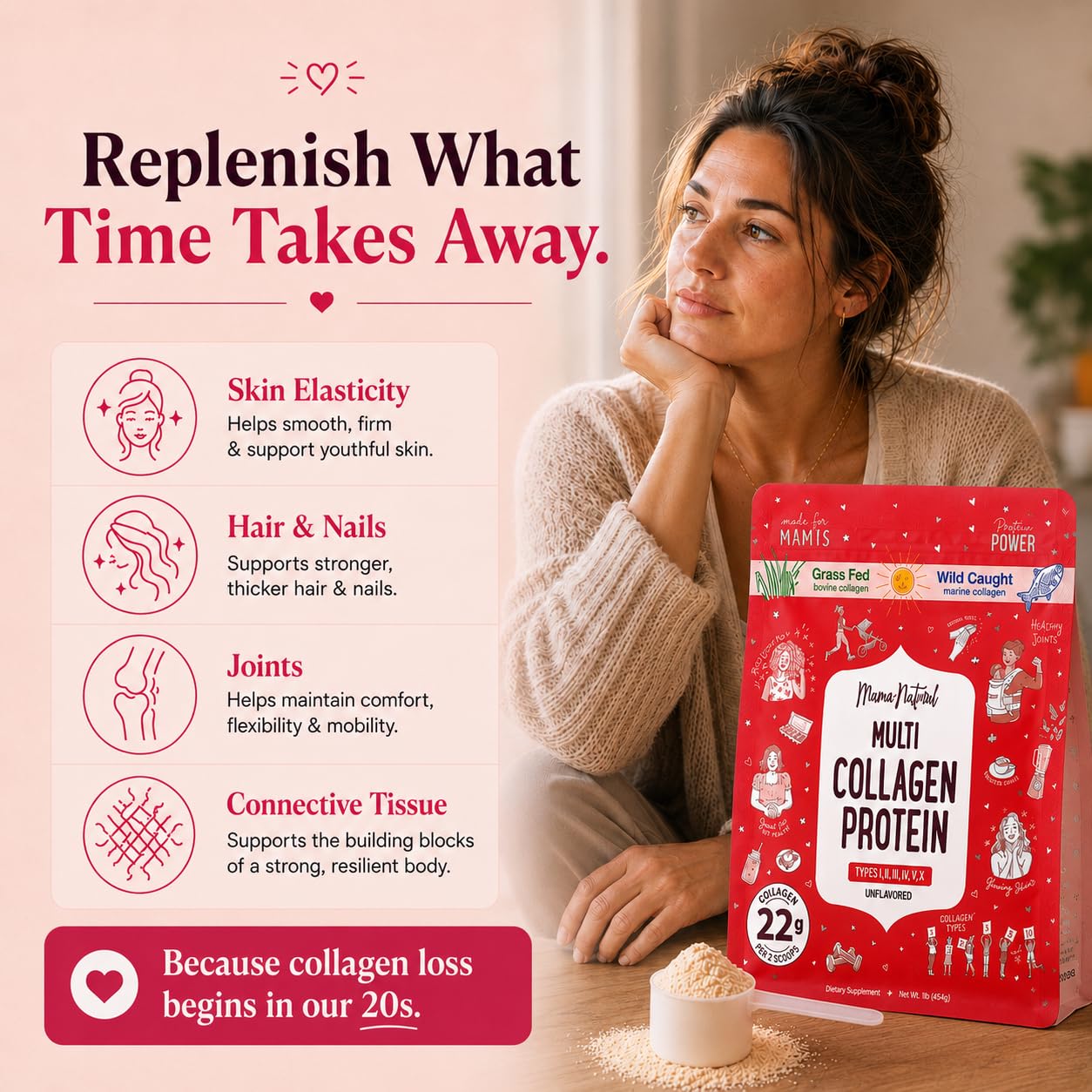 Mama Natural Collagen Powder with a glass of water