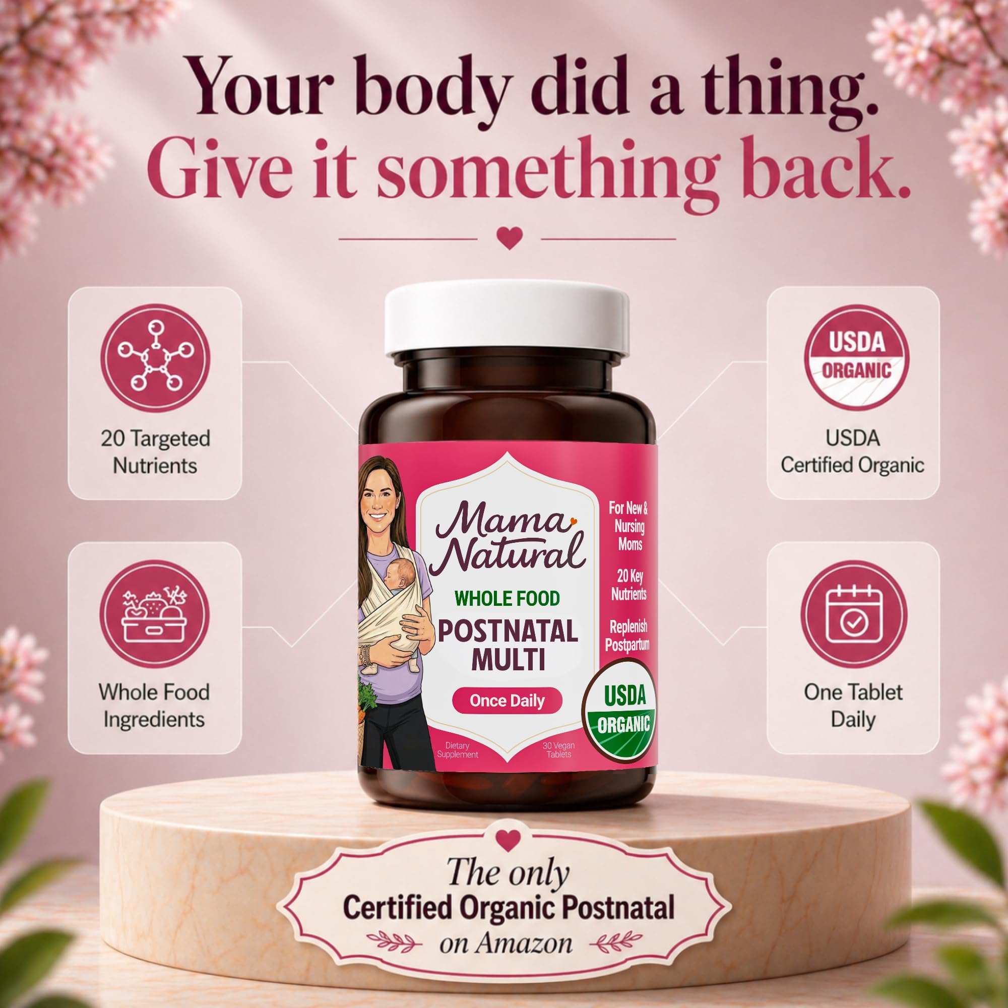 Mama Natural Postnatal Multi Organic Multivitamin on a kitchen counter
